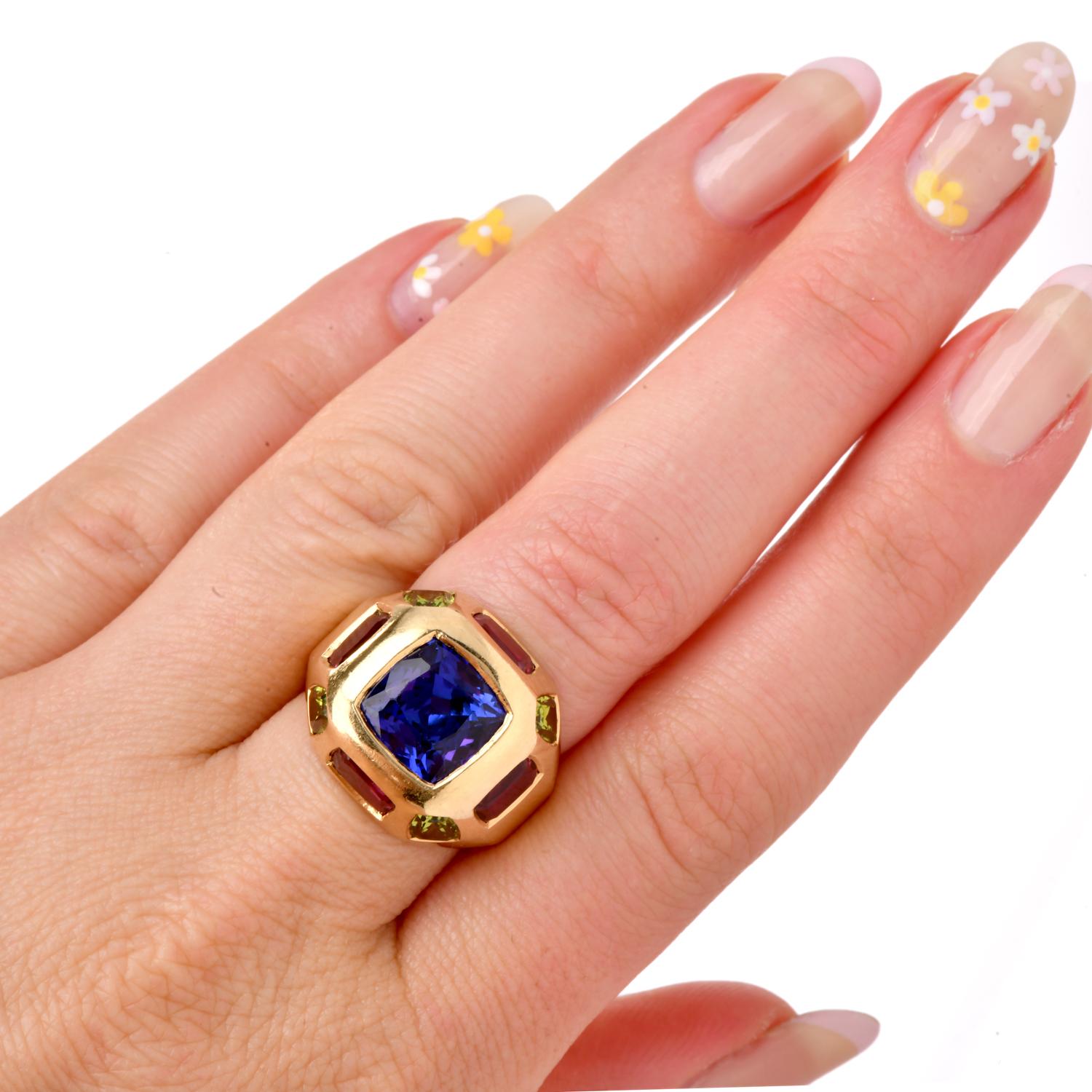 1990s Tanzanite Tourmaline 18K Gold Dome Cushion Edged Statement Ring For Sale 2