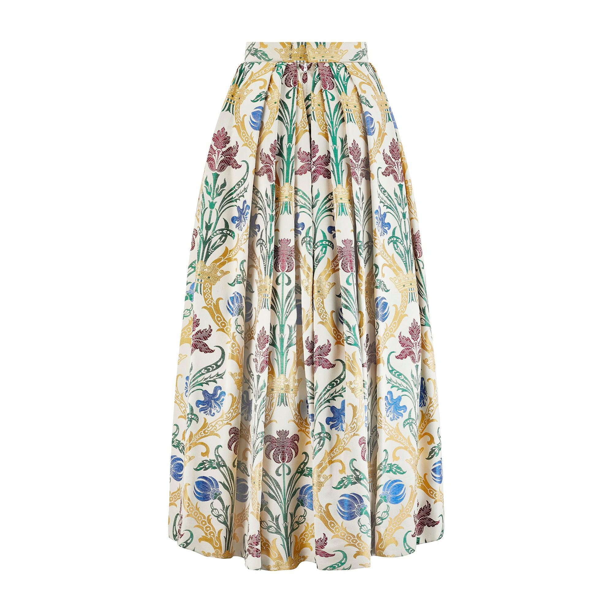 Beige 1990s Tatters of London Heraldic Silk Jacquard Maxi Skirt For Sale