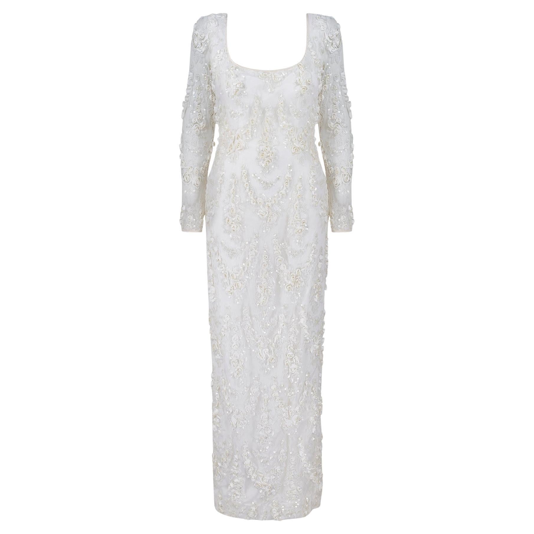 1990s Tatters White Tulle Ribbonwork Column Dress with Sequins