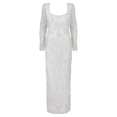 1990s Tatters White Tulle Ribbonwork Column Dress with Sequins