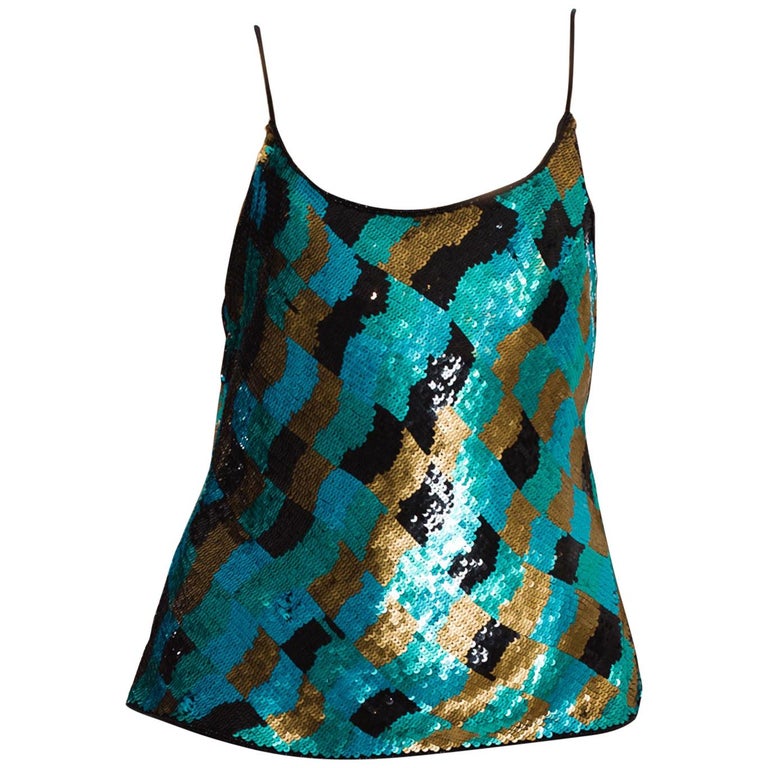 1990S Teal Bias Cut Silk Geometric Sequined Camisole at 1stDibs