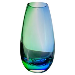 Jarrón Lágrima de 1990, en vidrio artístico azul y verde, estilo Aurora Borealis