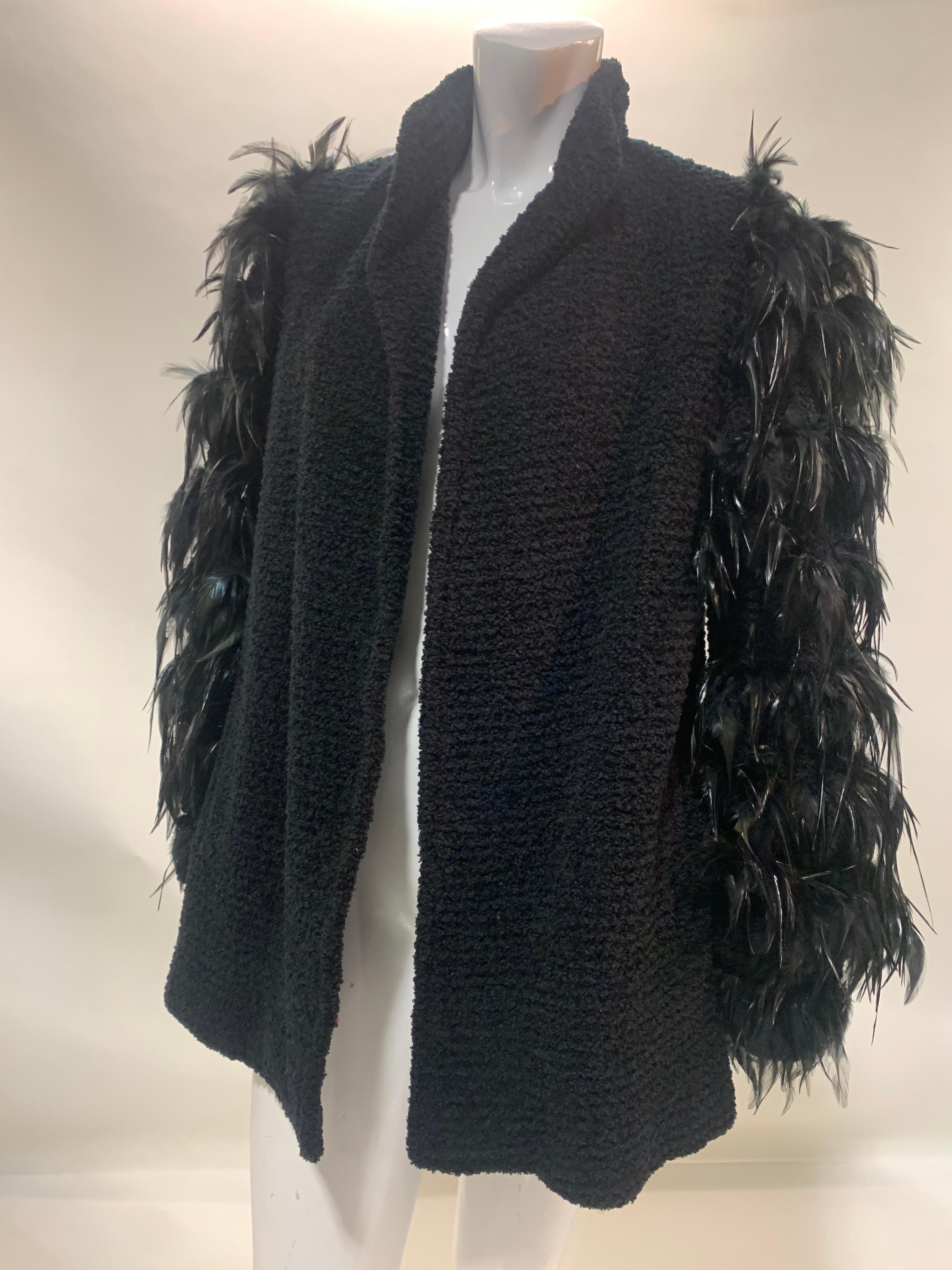 1990s Ted Lapidus Black Wool Boucle Coat w/ Lush Coq Feather Sleeves.  6