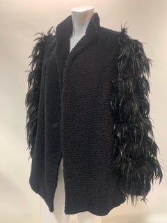 1990s Ted Lapidus Black Wool Boucle Coat w/ Lush Coq Feather Sleeves.