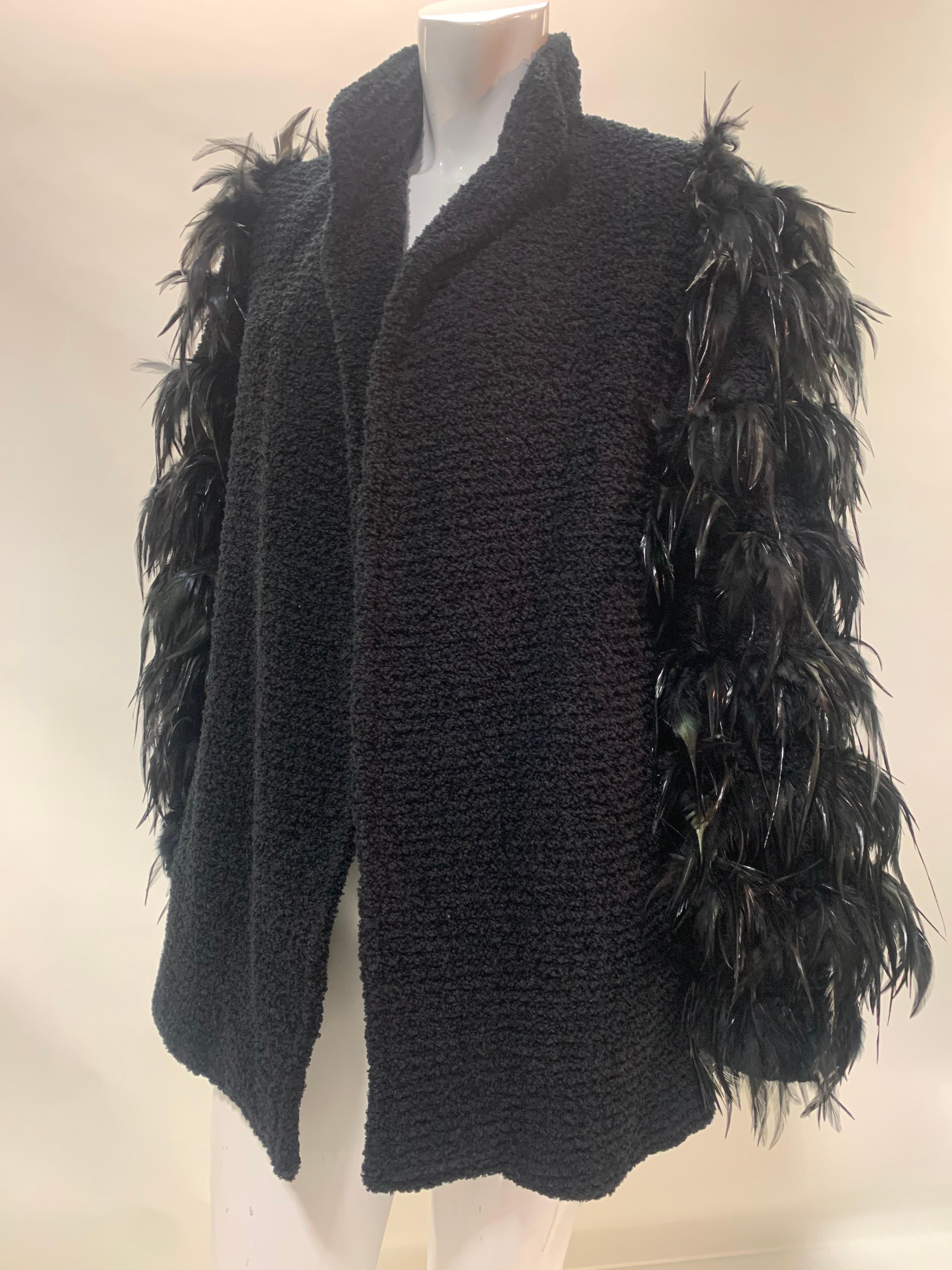 1990s Ted Lapidus Black Wool Boucle Coat w/ Lush Coq Feather Sleeves.  In Excellent Condition In Gresham, OR