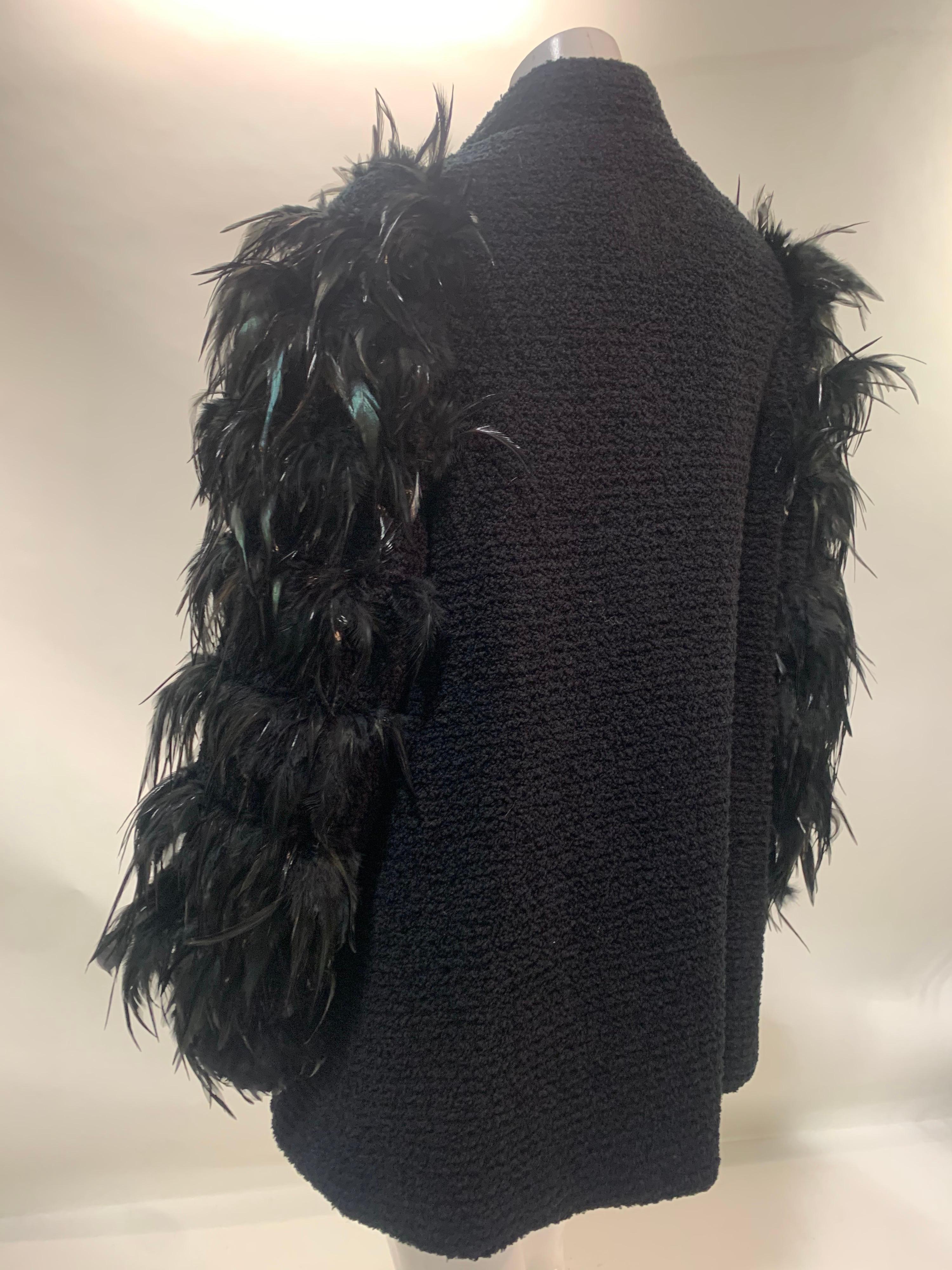 1990s Ted Lapidus Black Wool Boucle Coat w/ Lush Coq Feather Sleeves.  2