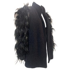 1990s Ted Lapidus Black Wool Boucle Coat w/ Lush Coq Feather Sleeves.