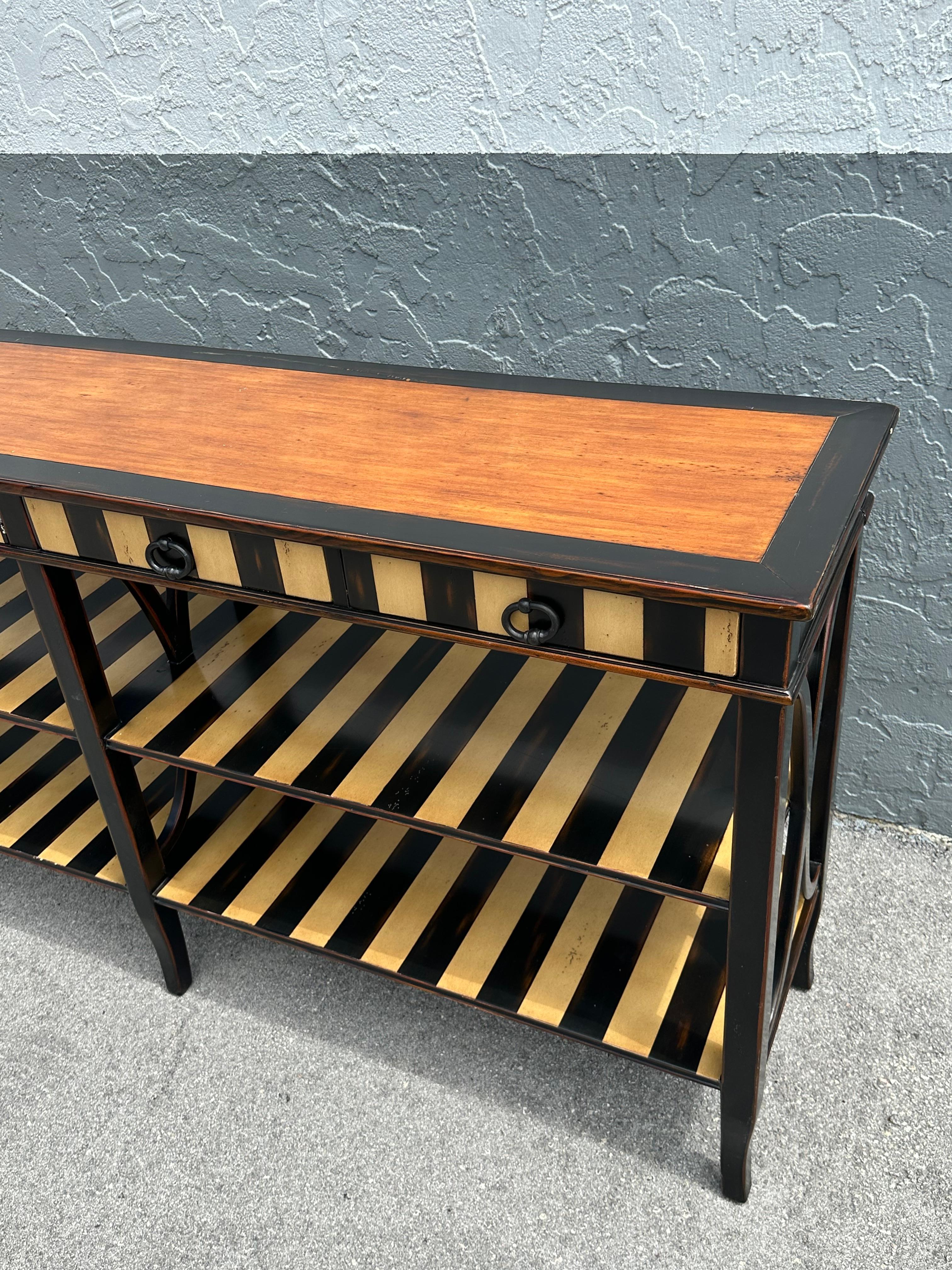 1990s Theodore Alexander Painted Stripes Tier Console Drawers Table Bookcase For Sale 7