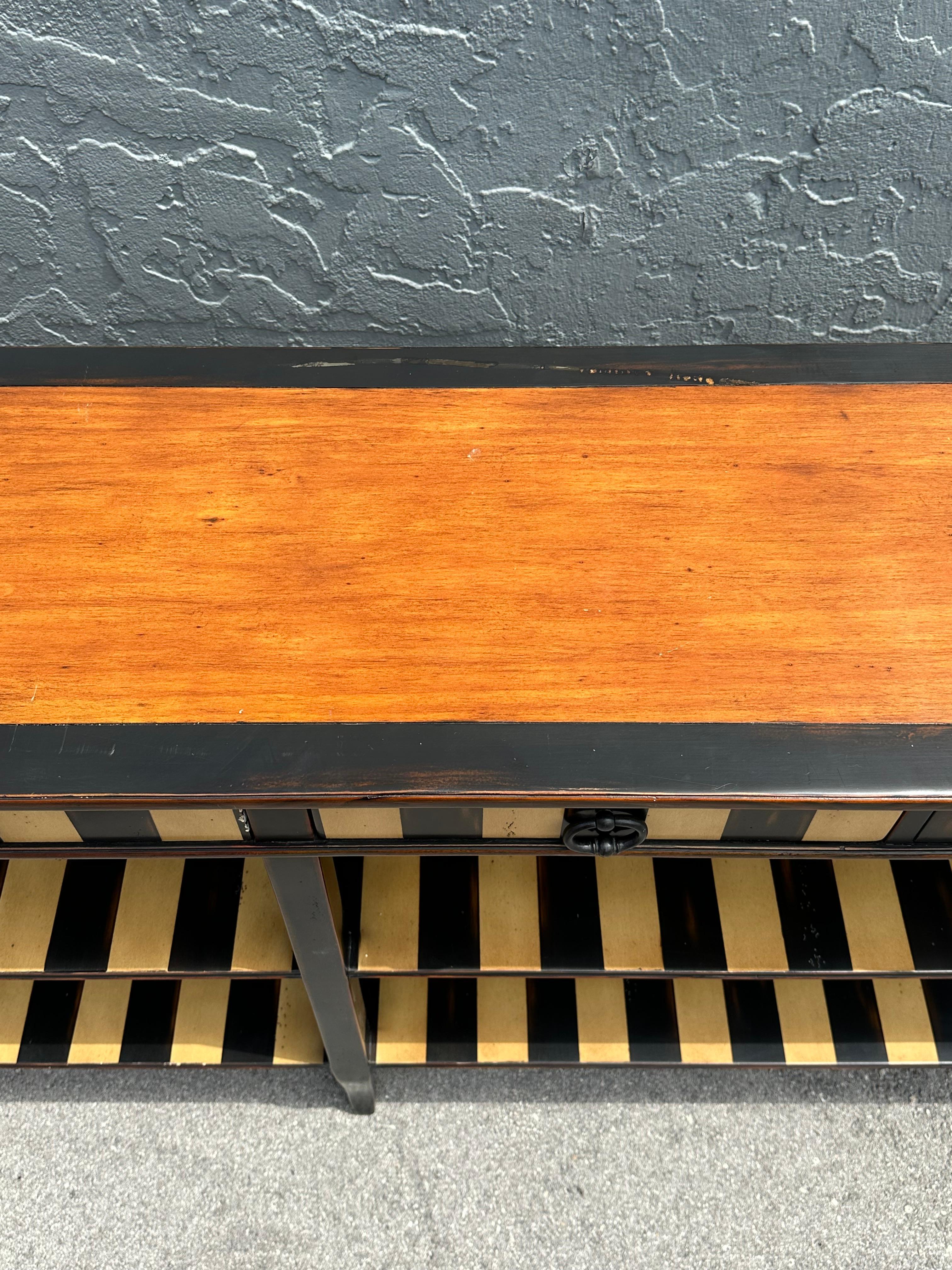 1990s Theodore Alexander Painted Stripes Tier Console Drawers Table Bookcase For Sale 8
