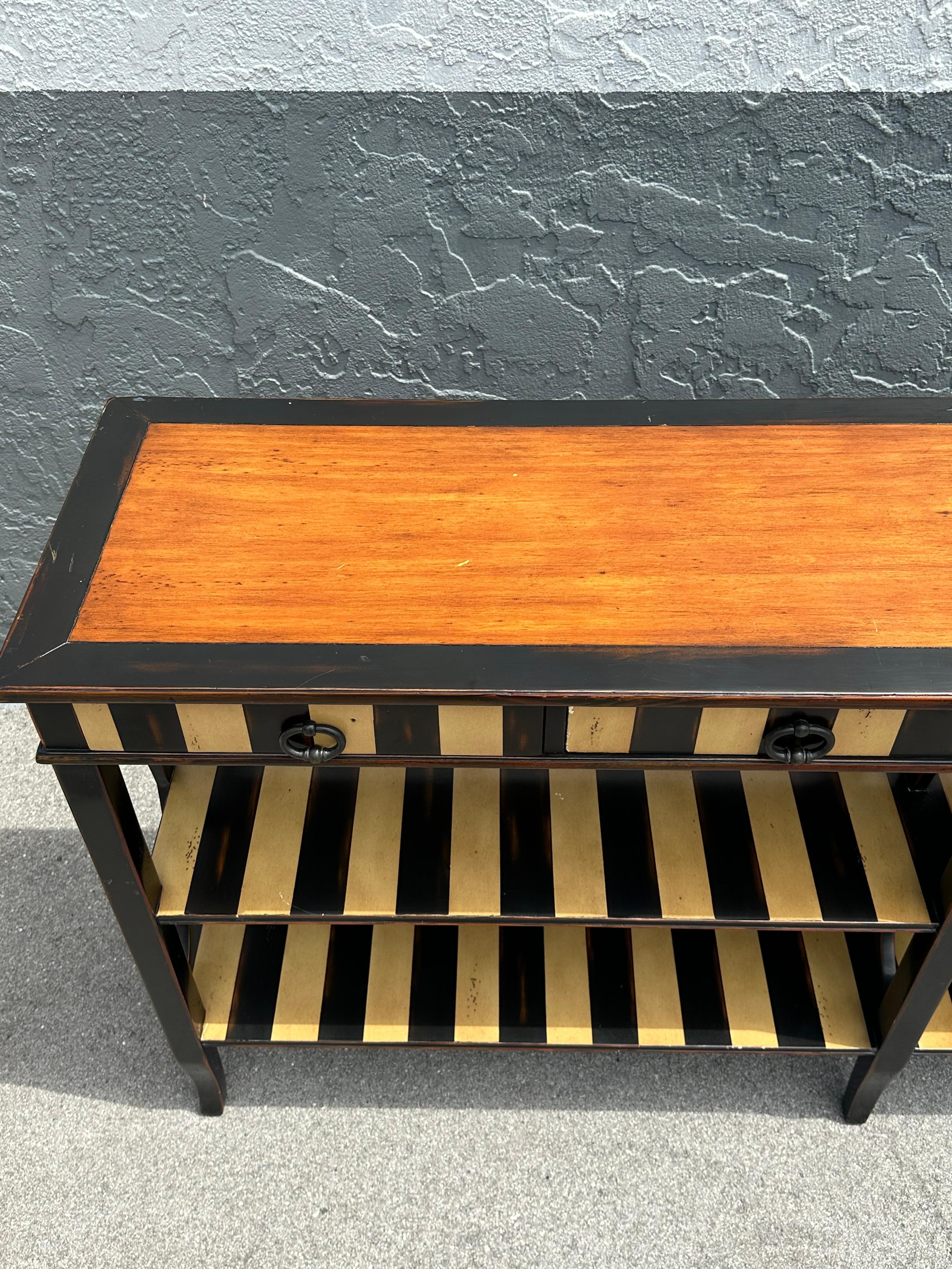 1990s Theodore Alexander Painted Stripes Tier Console Drawers Table Bookcase For Sale 9