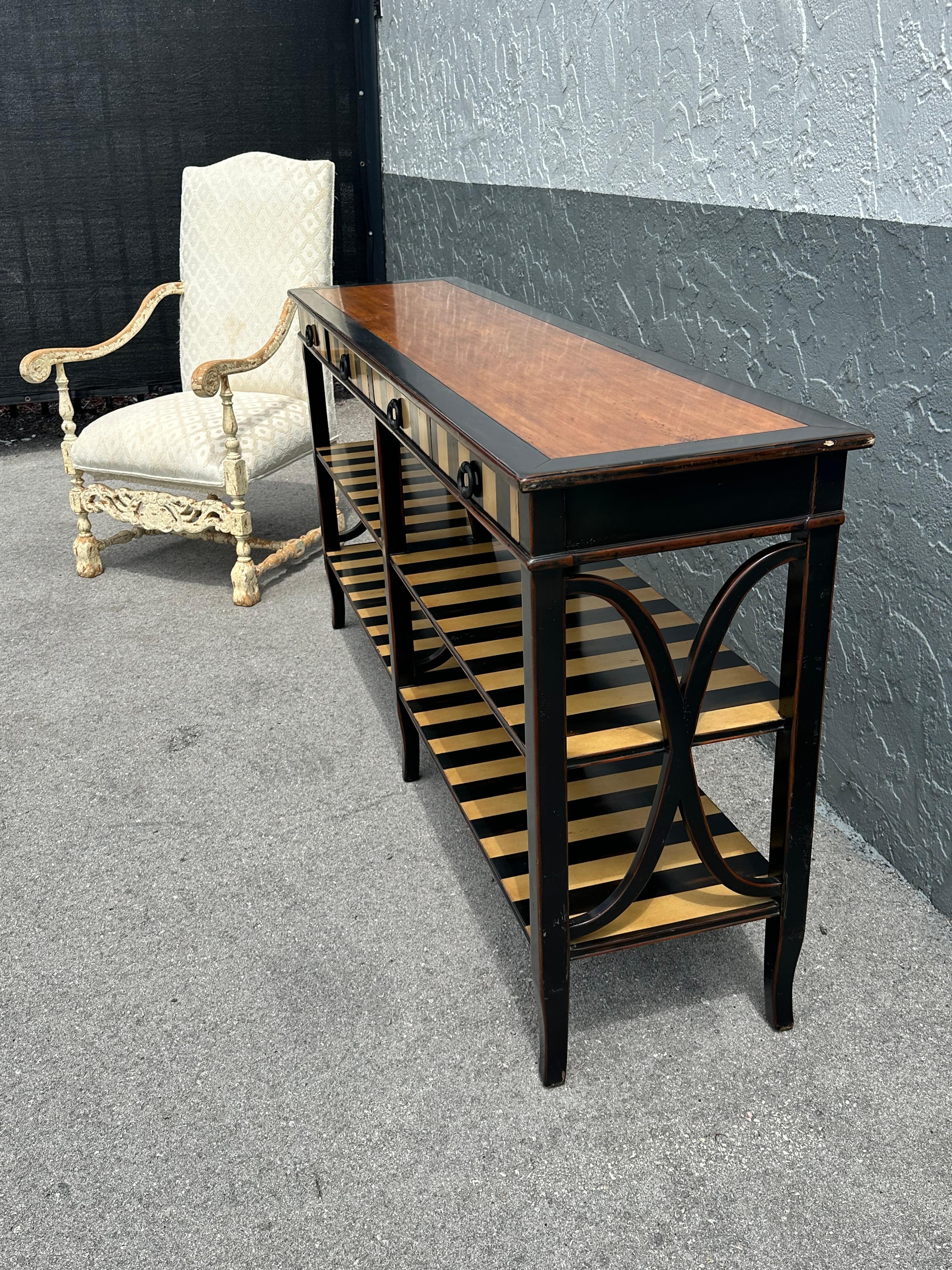 1990s Theodore Alexander Painted Stripes Tier Console Drawers Table Bookcase For Sale 3