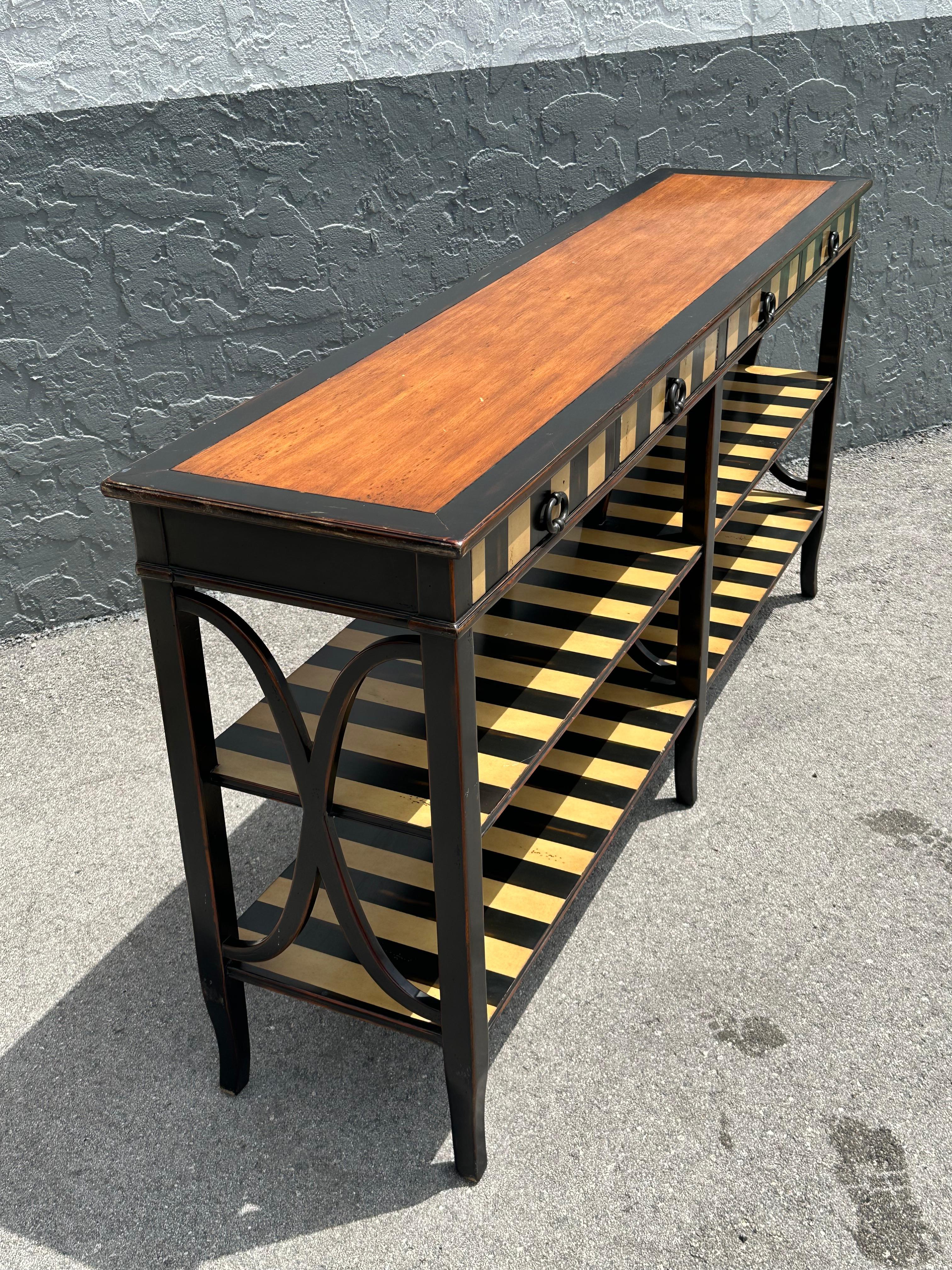 1990s Theodore Alexander Painted Stripes Tier Console Drawers Table Bookcase For Sale 1