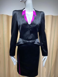 1990s Thierry Mugler Couture Black and Magenta Satin Jacket Skirt Suit