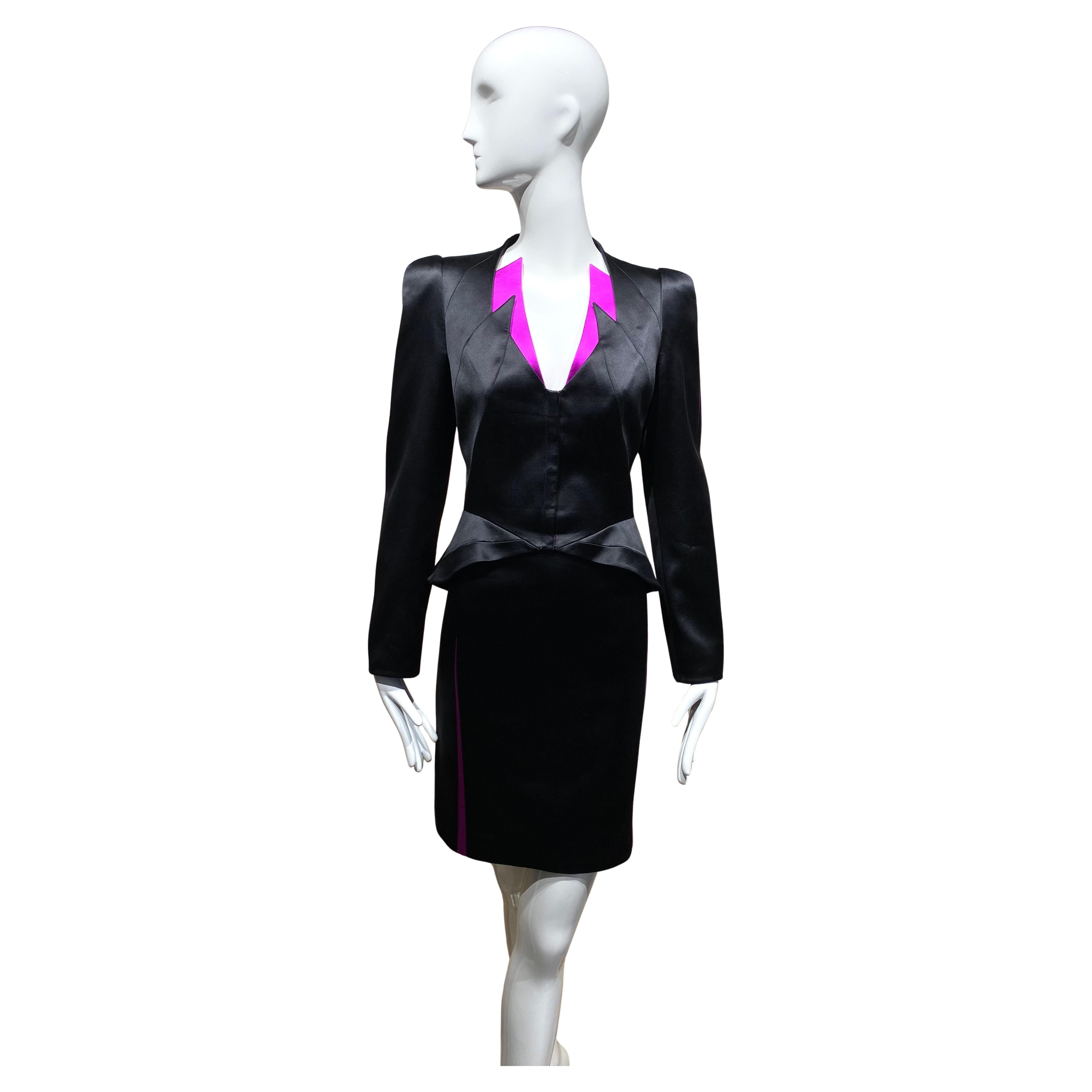 1990s Thierry Mugler Couture Black and Magenta Satin Jacket Skirt Suit For Sale