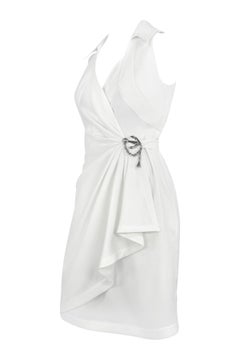 1990s Thierry Mugler Anchor Brooch Collared White Plunging Wrap Dress
