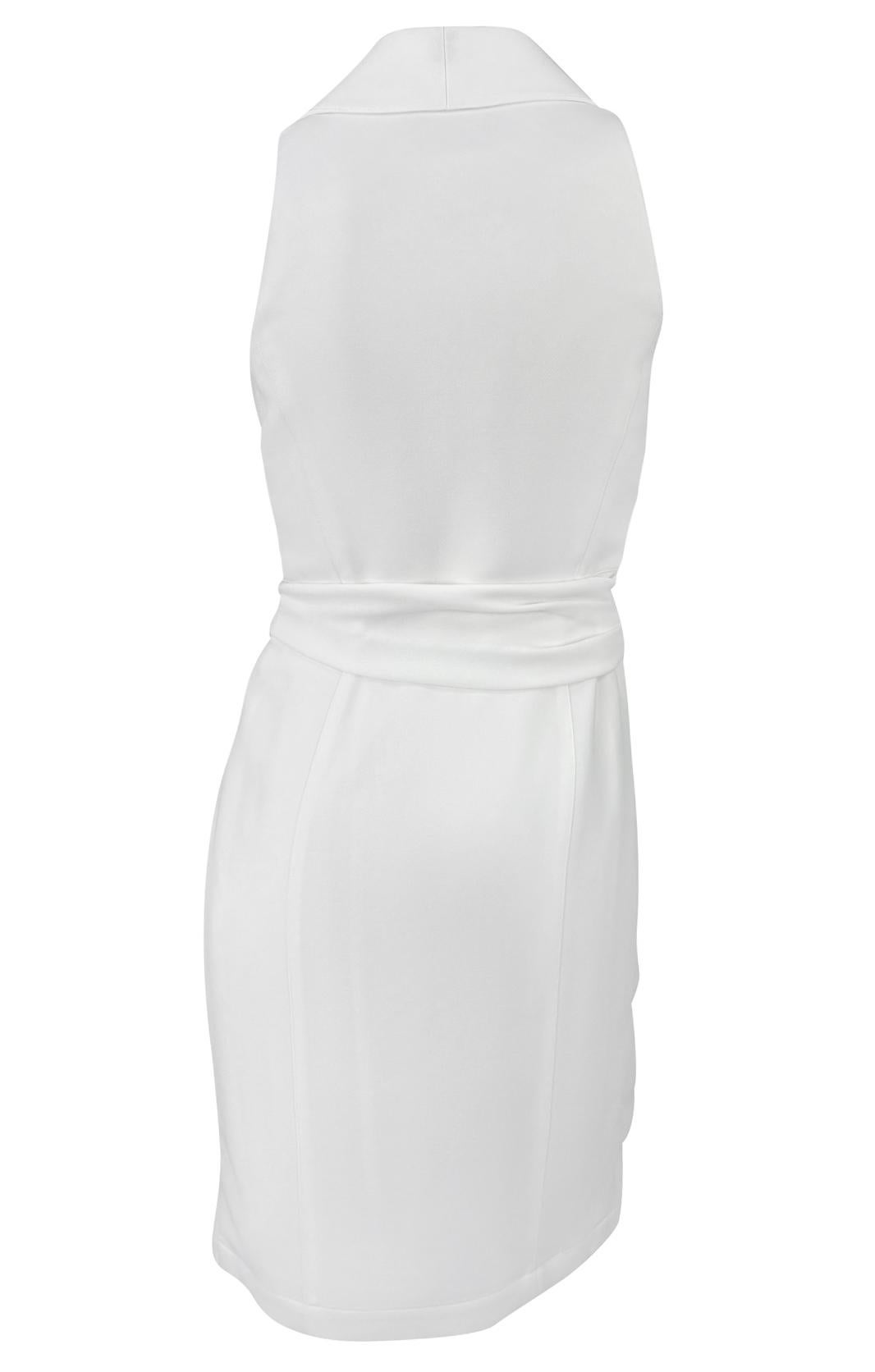1990s Thierry Mugler Anchor Brooch Collared White Plunging Wrap Dress In Excellent Condition For Sale In West Hollywood, CA