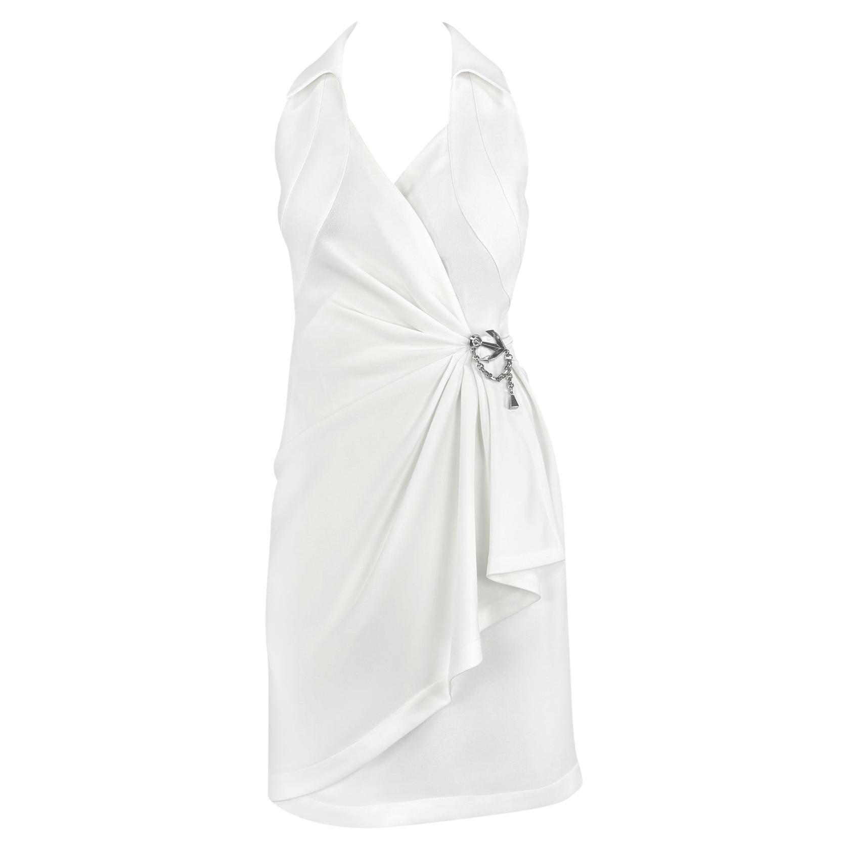 1990s Thierry Mugler Anchor Brooch Collared White Plunging Wrap Dress For Sale