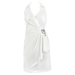 1990s Thierry Mugler Anchor Brooch Collared White Plunging Wrap Dress
