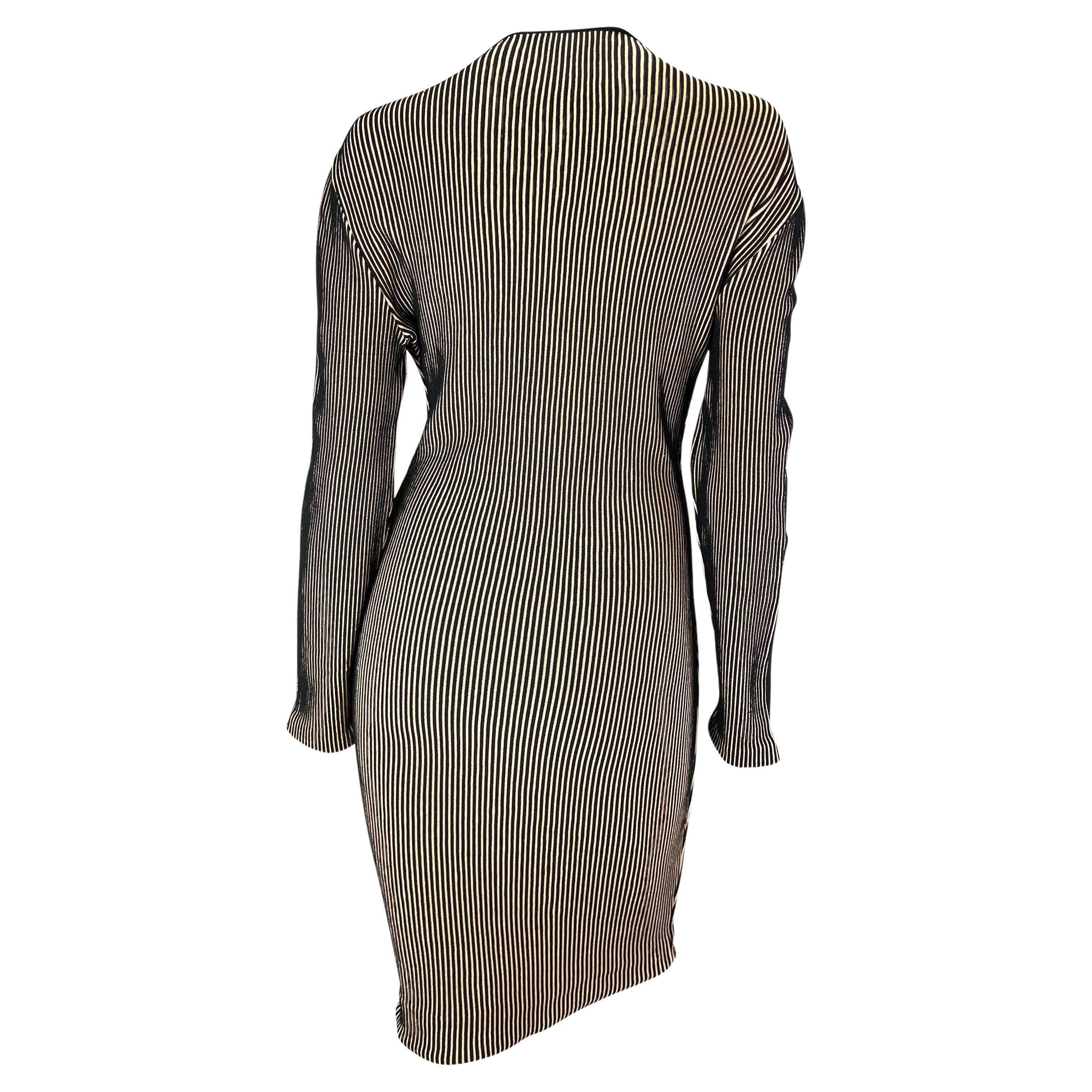 Women's 1990s Thierry Mugler Beige Black Ribbed Knit Stretch Bodycon Dress For Sale