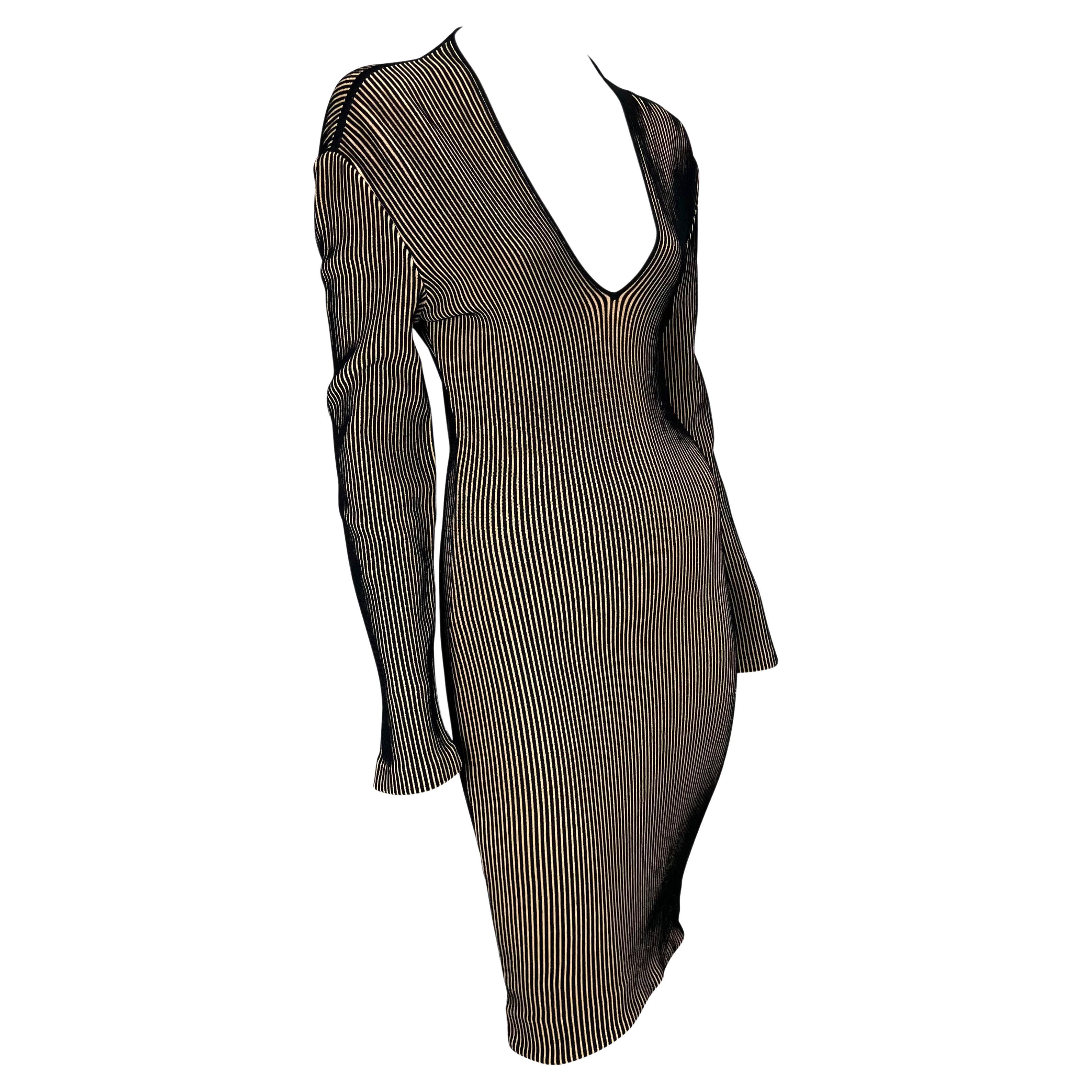 1990s Thierry Mugler Beige Black Ribbed Knit Stretch Bodycon Dress For Sale 2