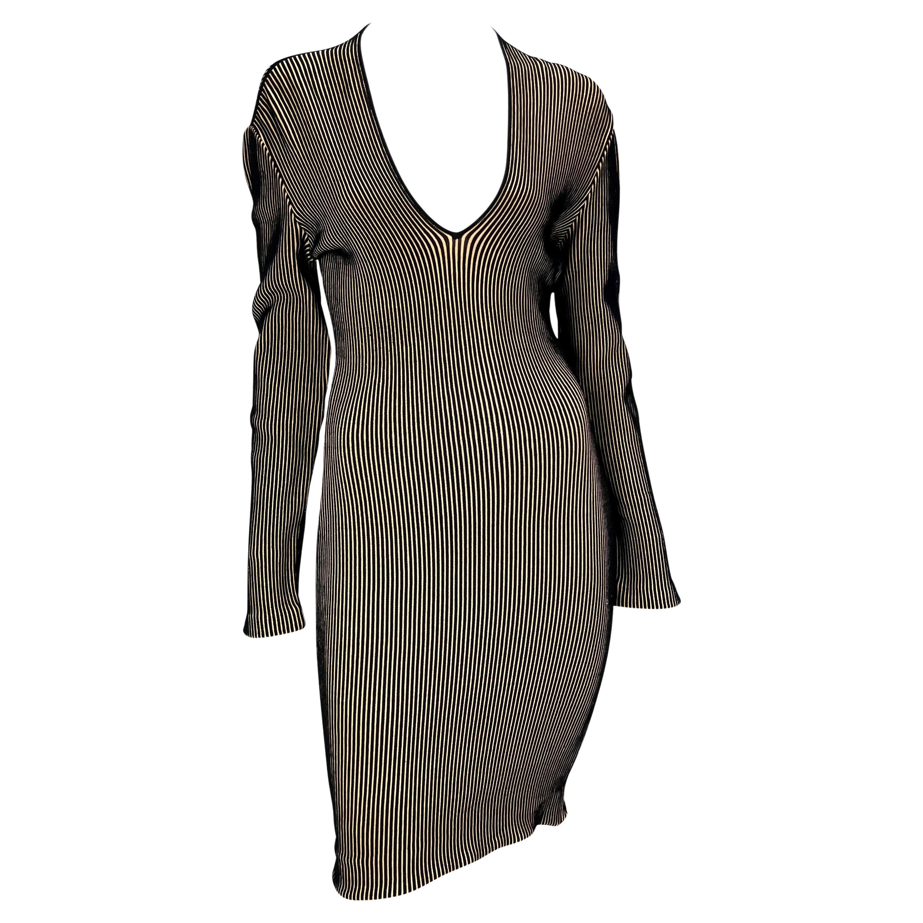 1990s Thierry Mugler Beige Black Ribbed Knit Stretch Bodycon Dress For Sale