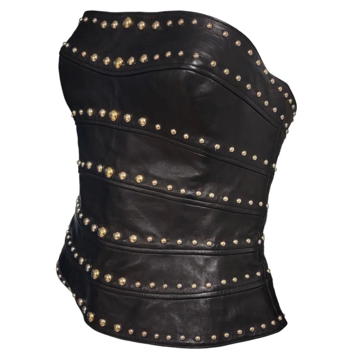1990s Thierry Mugler Black Leather Studded Strapless Bustier Corset In Excellent Condition For Sale In Concord, NC