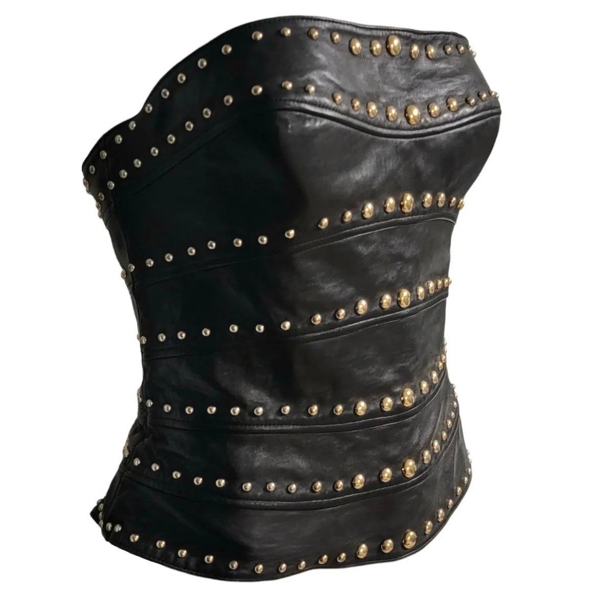 Women's 1990s Thierry Mugler Black Leather Studded Strapless Bustier Corset For Sale