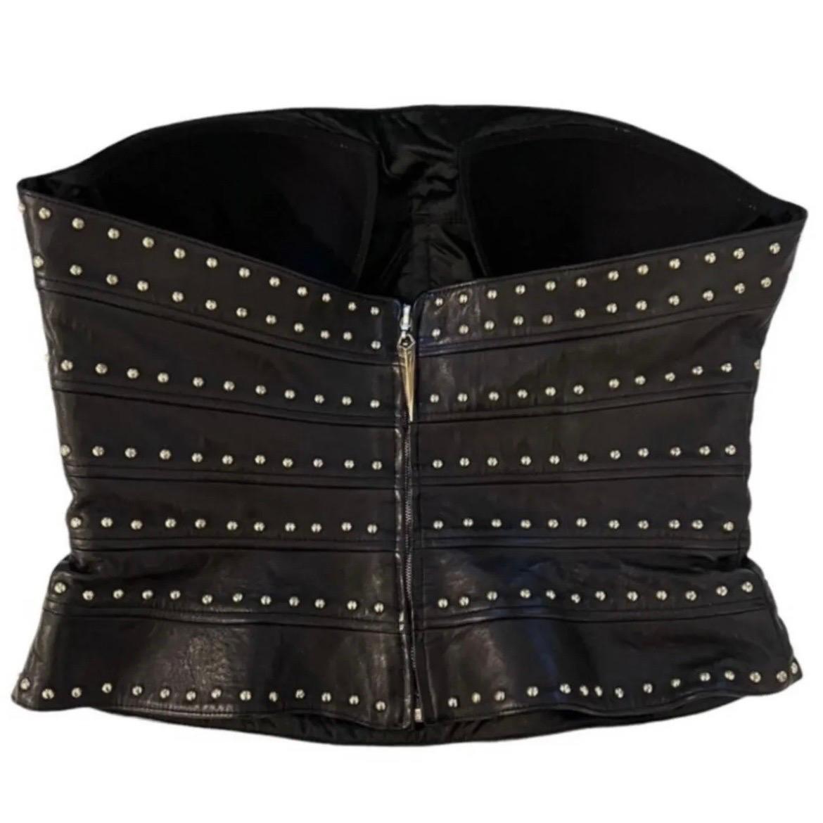 1990s Thierry Mugler Black Leather Studded Strapless Bustier Corset For Sale 1
