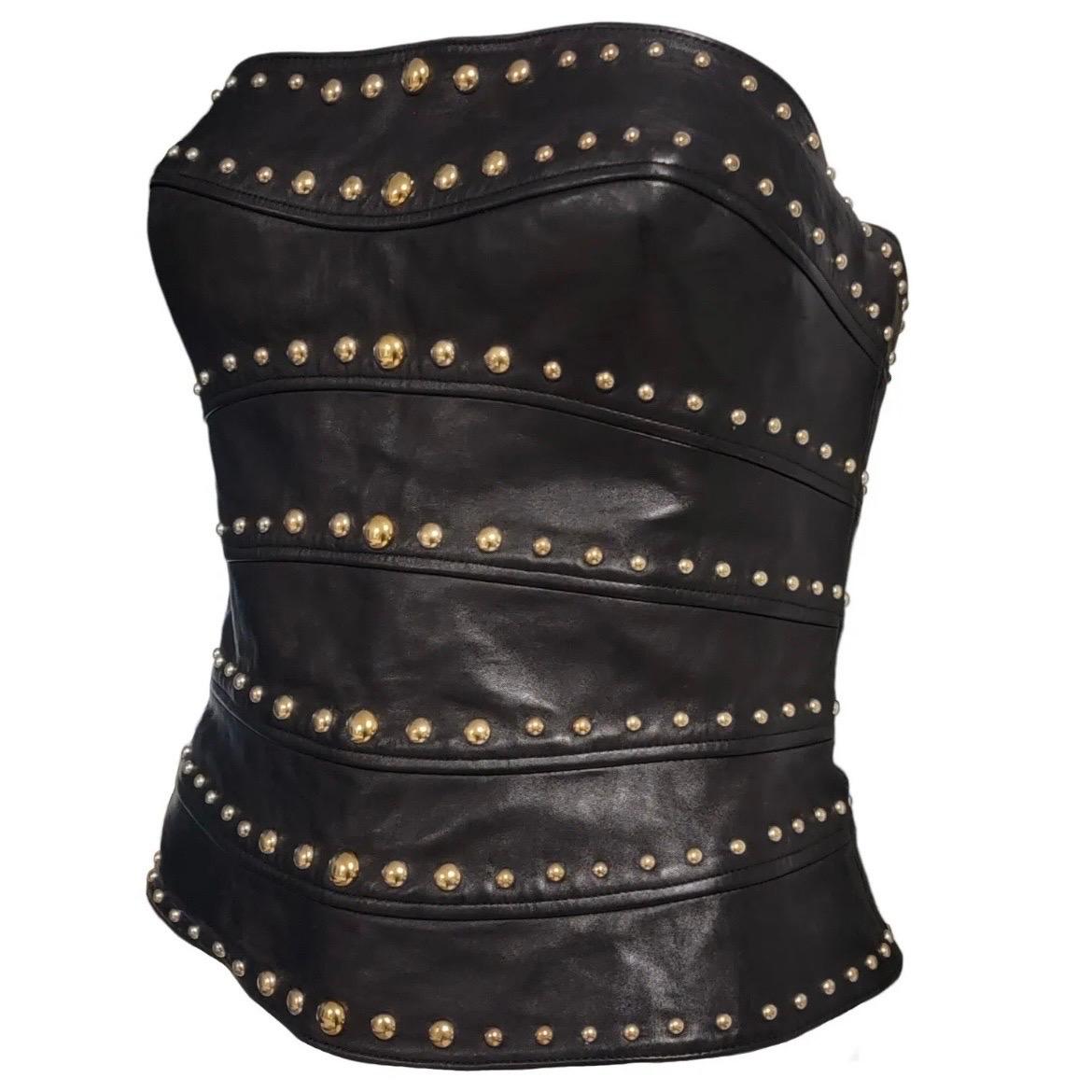 1990s Thierry Mugler Black Leather Studded Strapless Bustier Corset For Sale