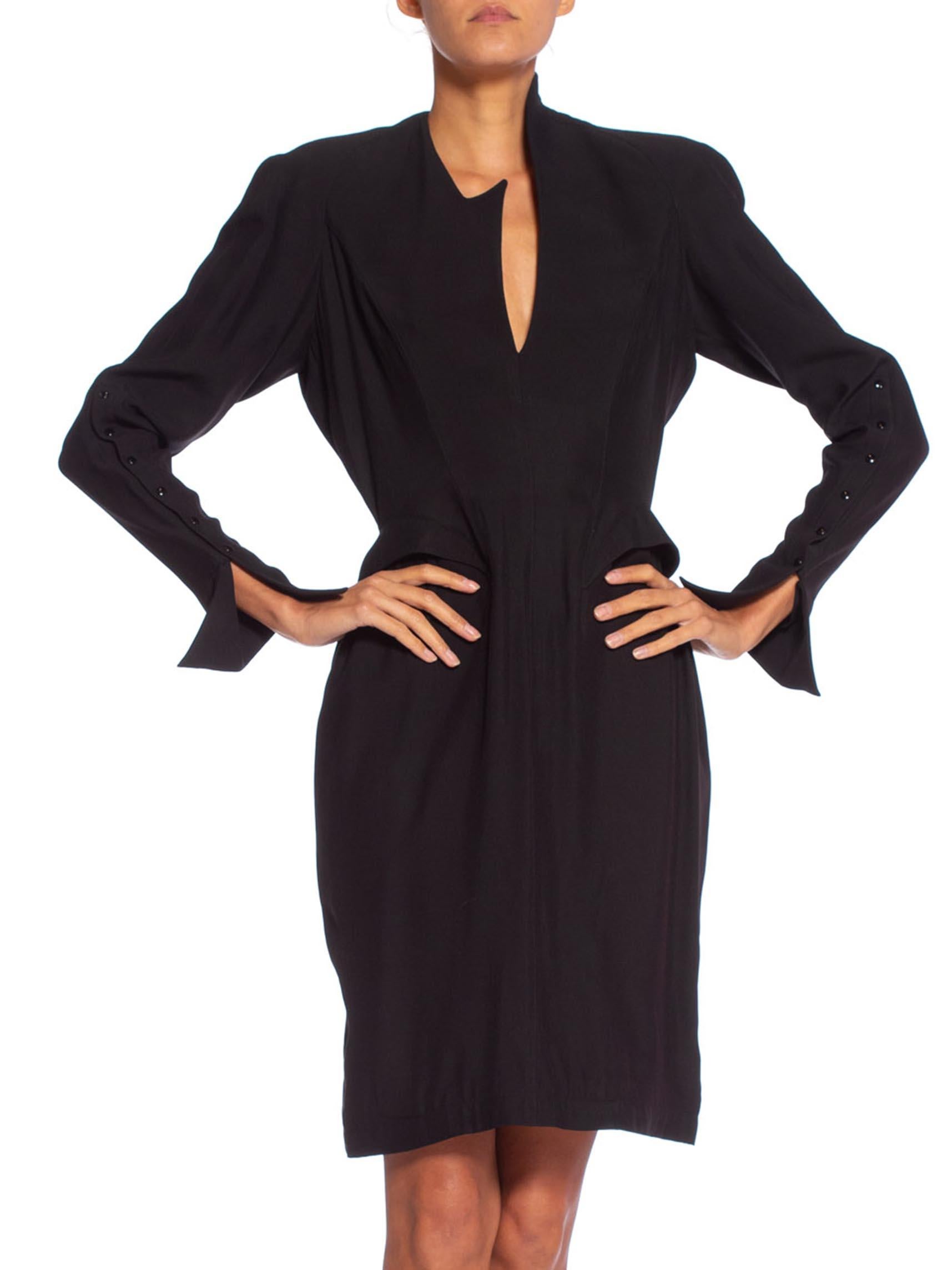 1990'S THIERRY MUGLER Black Silk Long Sleeve Dress For Sale 6