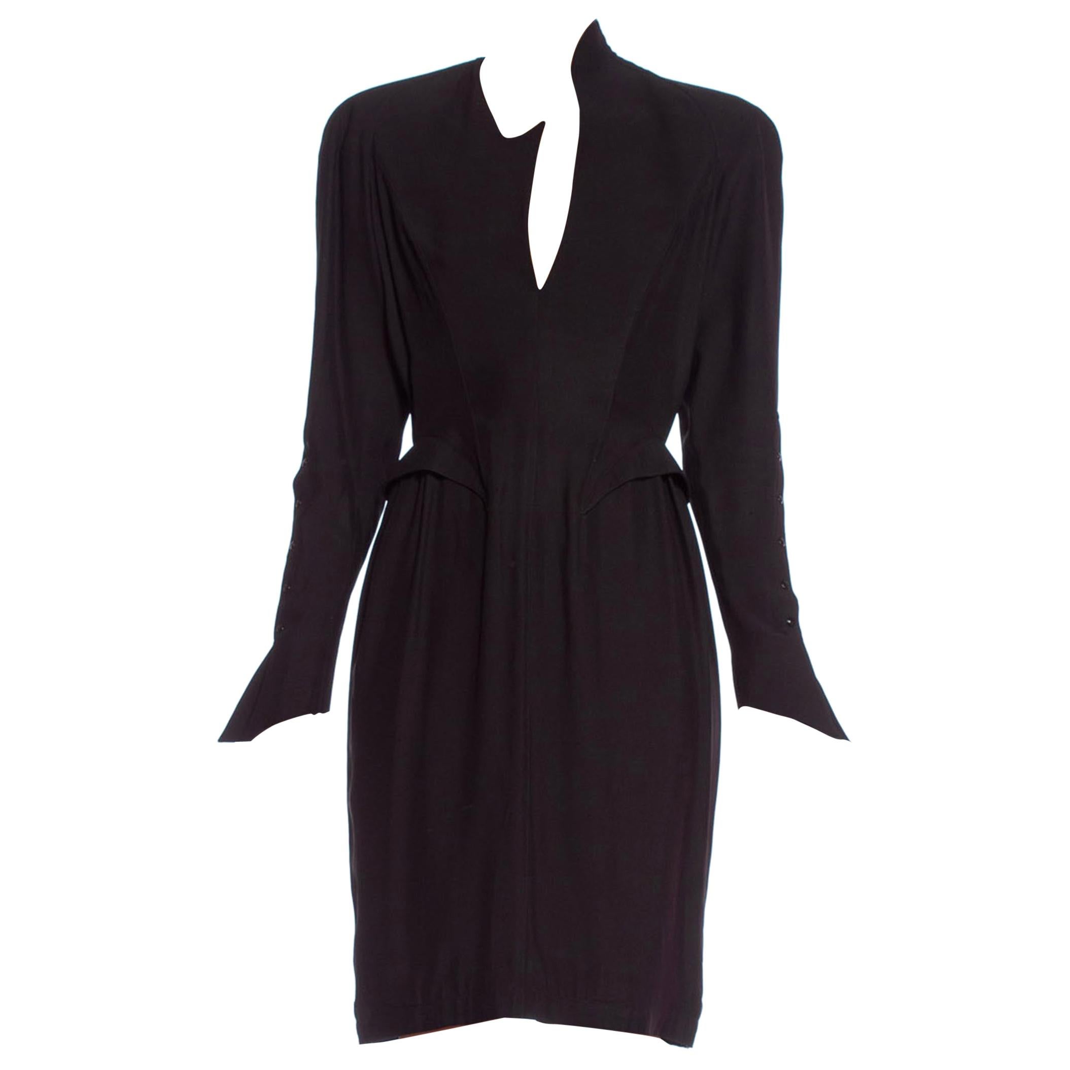 Tagged a European size 38 Sexy snaps go all the way down the back. 1990'S THIERRY MUGLER Black Silk Long Sleeve Dress 