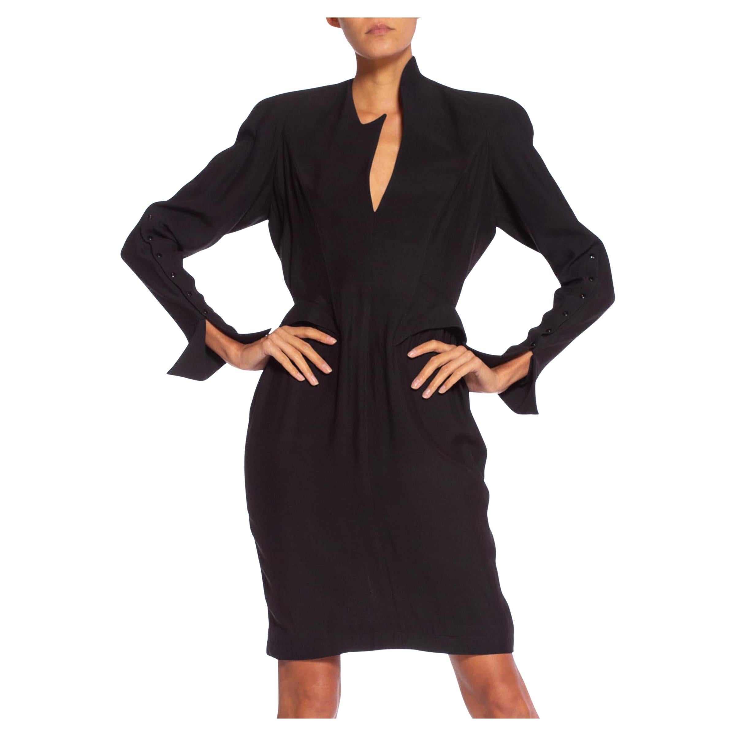 1990'S THIERRY MUGLER Black Silk Long Sleeve Dress For Sale