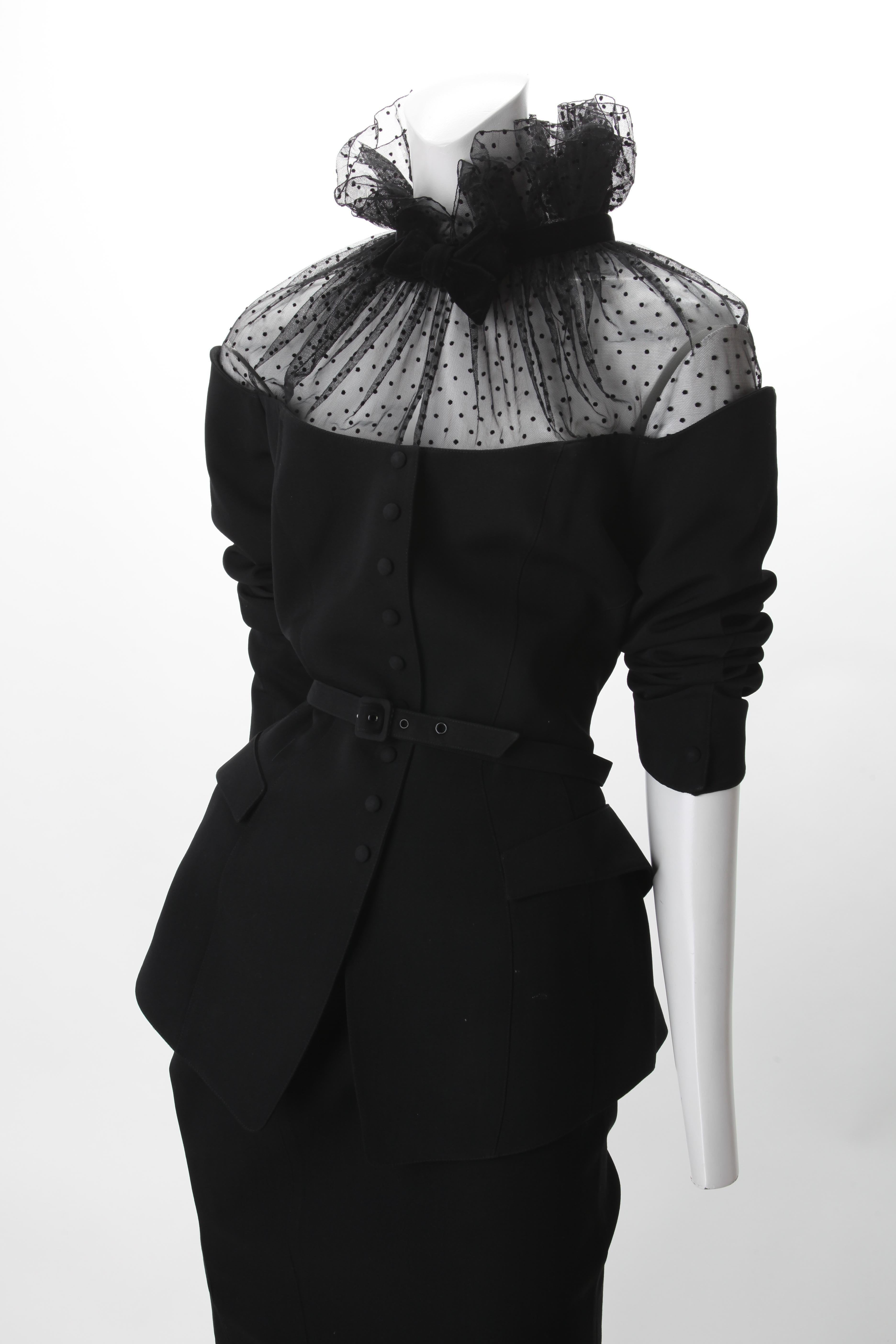 1990s Thierry Mugler Black Suit with Net Yoke. Features gathered net yoke with ruffle stand collar and velvet trim. Button down front closure with matching belt.
