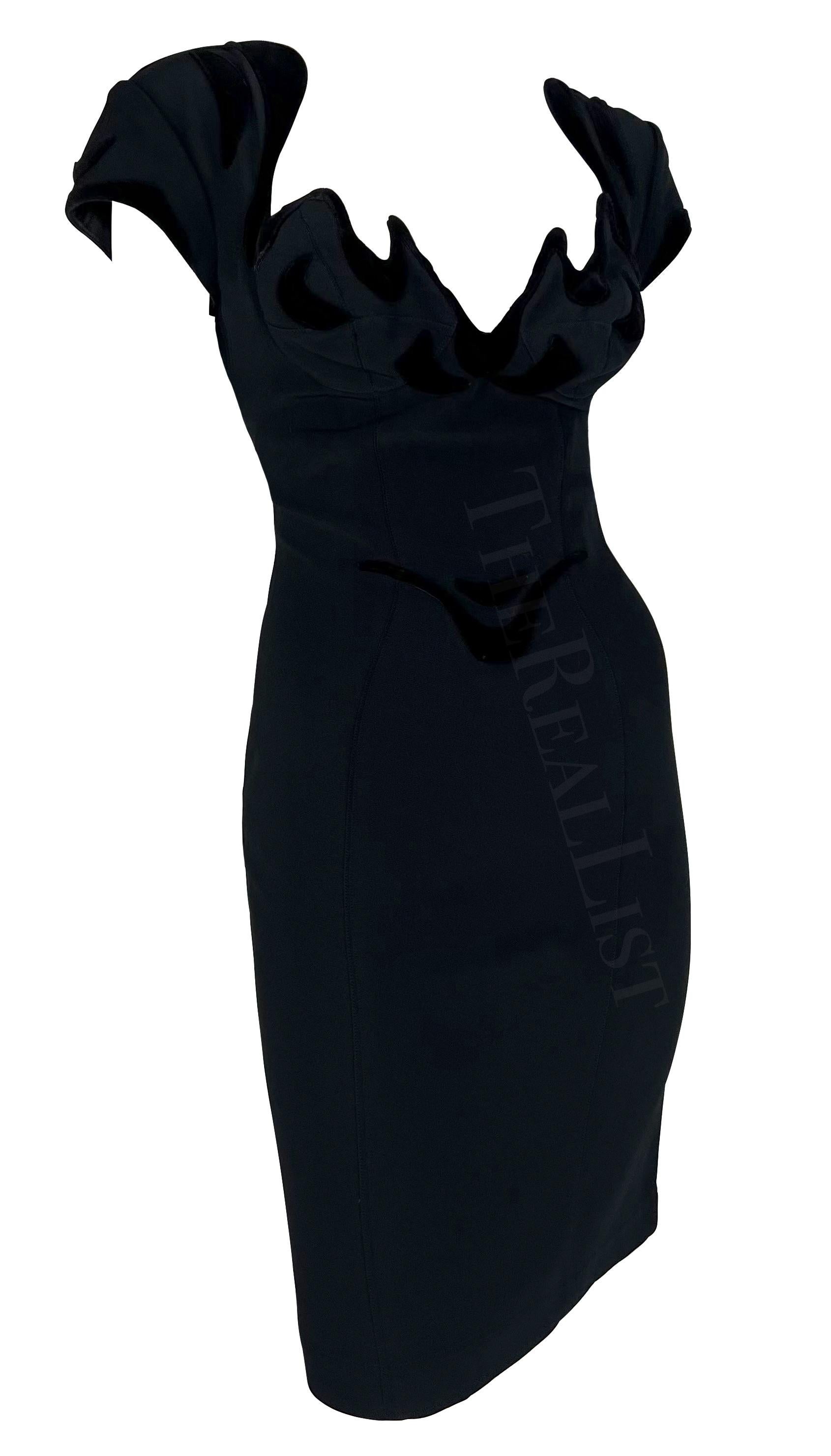 1990s Thierry Mugler Black Velvet Detail Body Sculptural Mini Dress In Good Condition In West Hollywood, CA