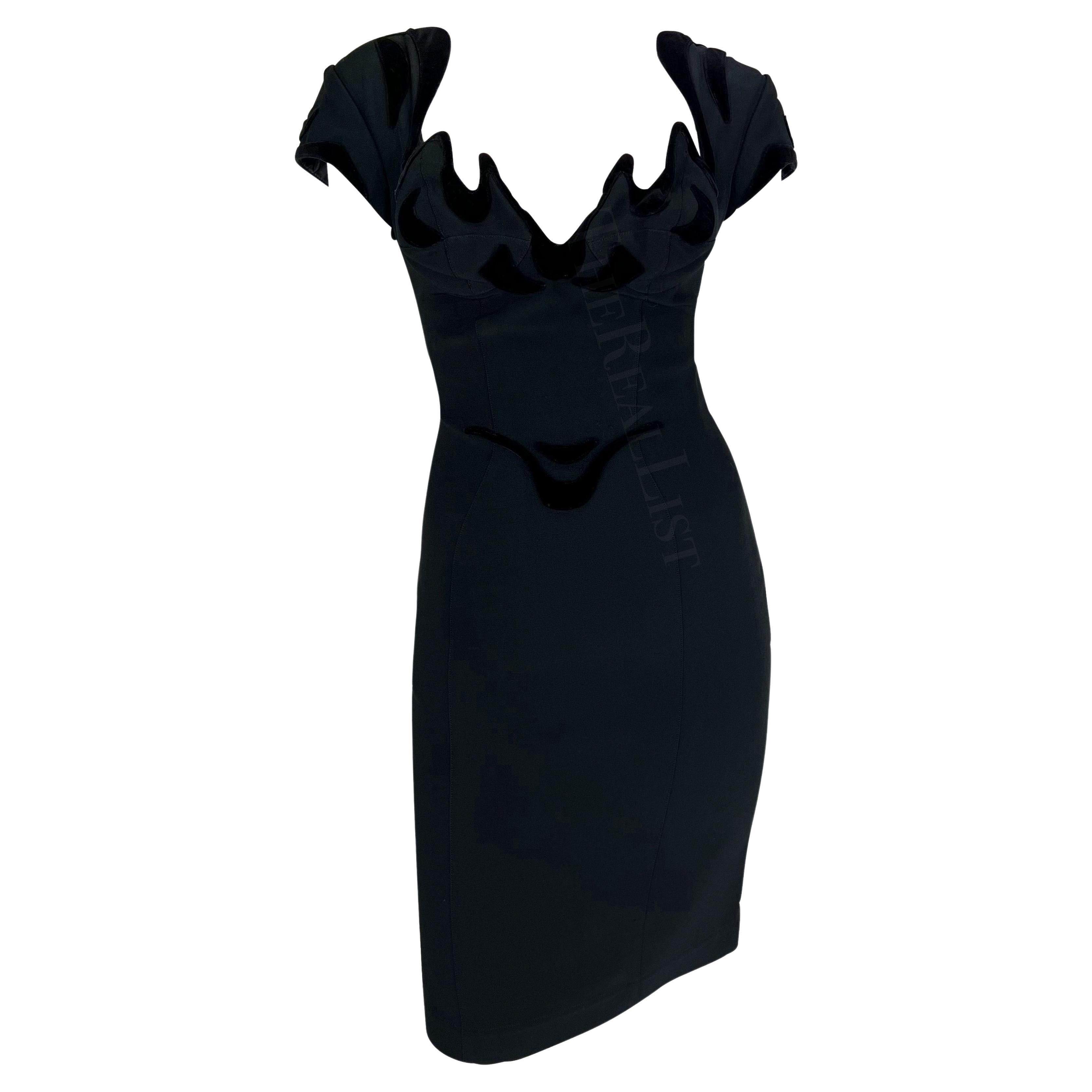1990s Thierry Mugler Black Velvet Detail Body Sculptural Mini Dress