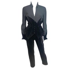 1990's Thierry Mugler Black Velvet Trim Sculptural Pantsuit