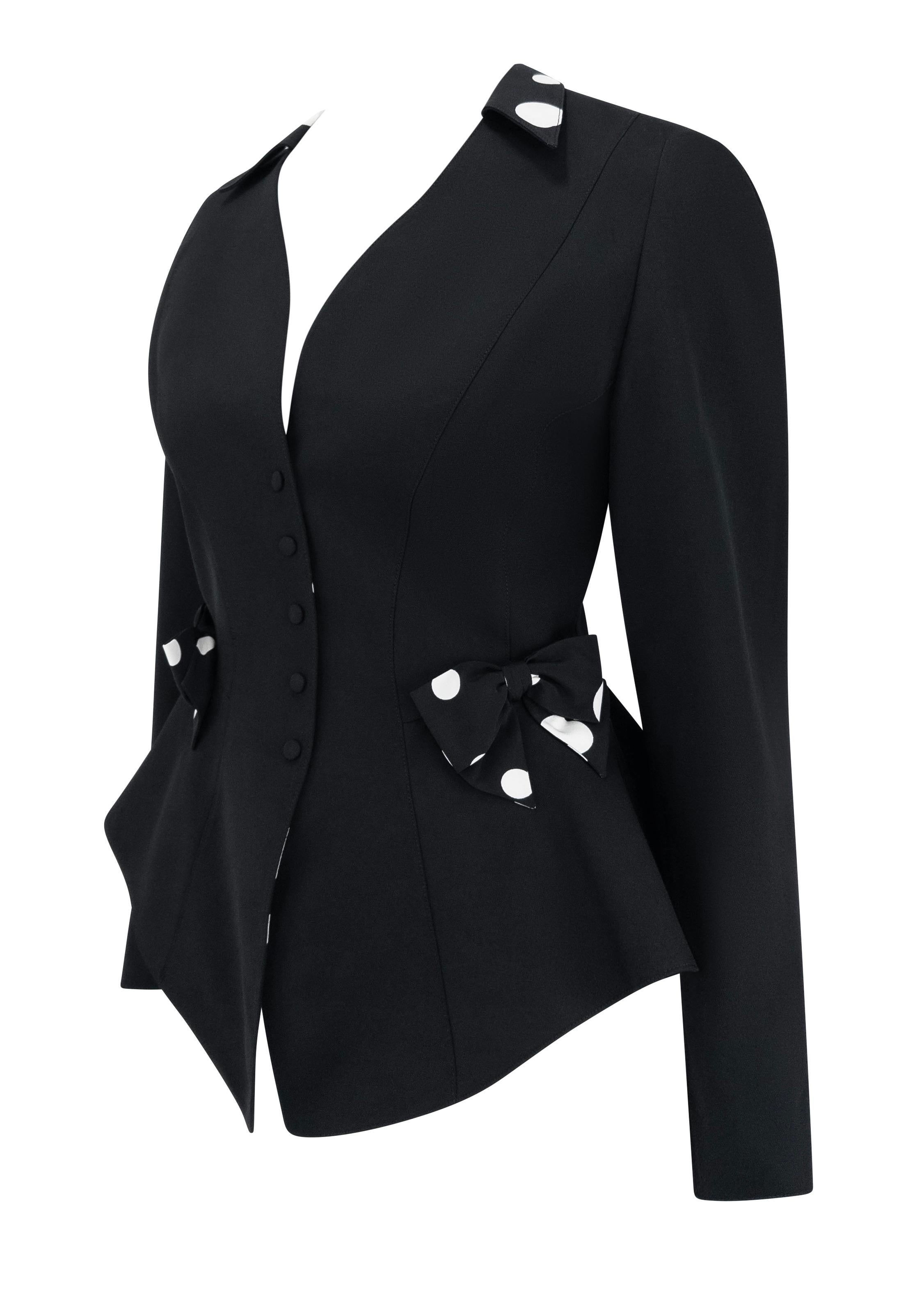 1990 Thierry Mugler Blazer noir et blanc, avec nœud, à motifs de pois Pour femmes en vente