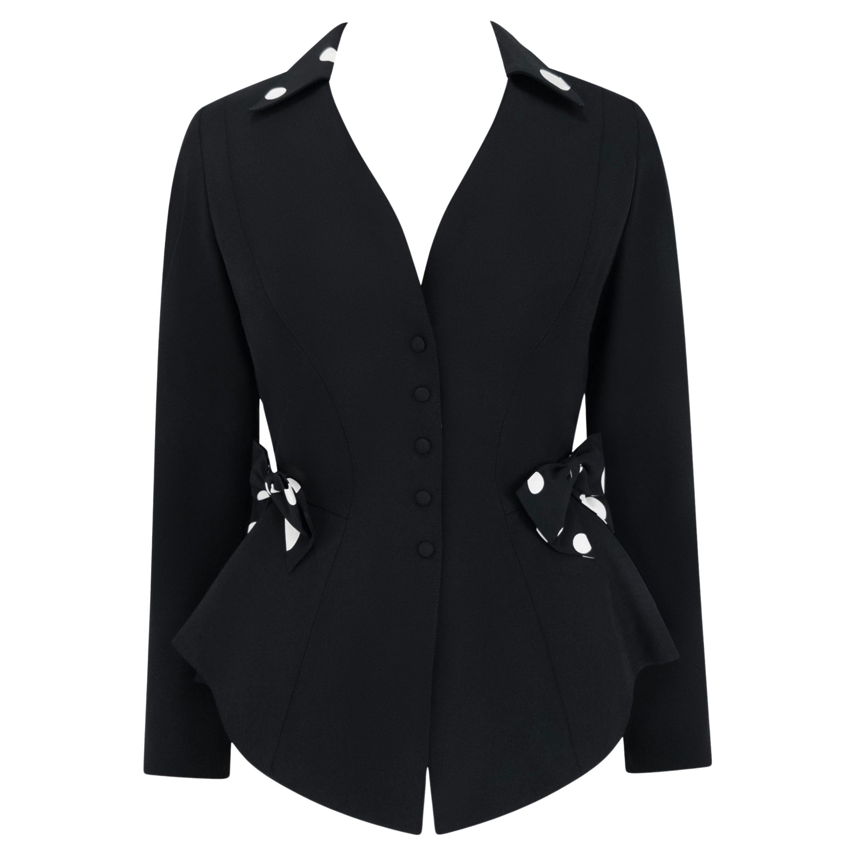 1990 Thierry Mugler Blazer noir et blanc, avec nœud, à motifs de pois en vente