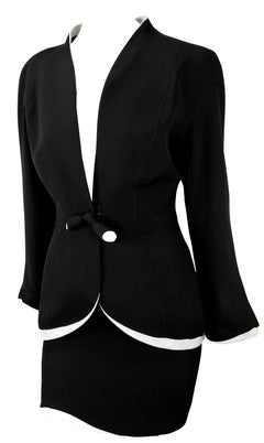 1990s Thierry Mugler Black White Sculpted Asymmetric Bow Skirt Suit