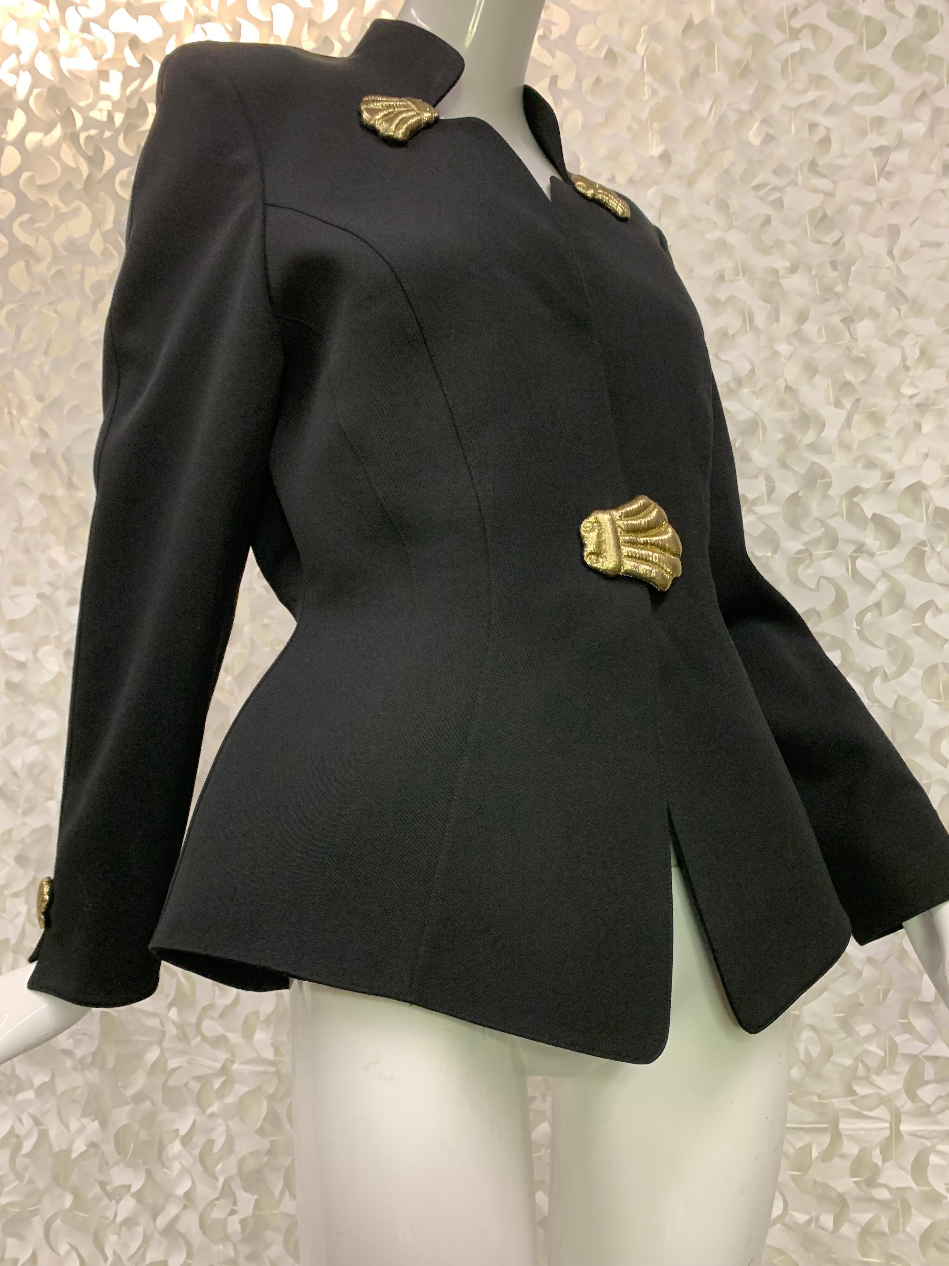 1990s Thierry Mugler Black Wool Crepe Jacket w Gold Lame Fabric Shell Details  7