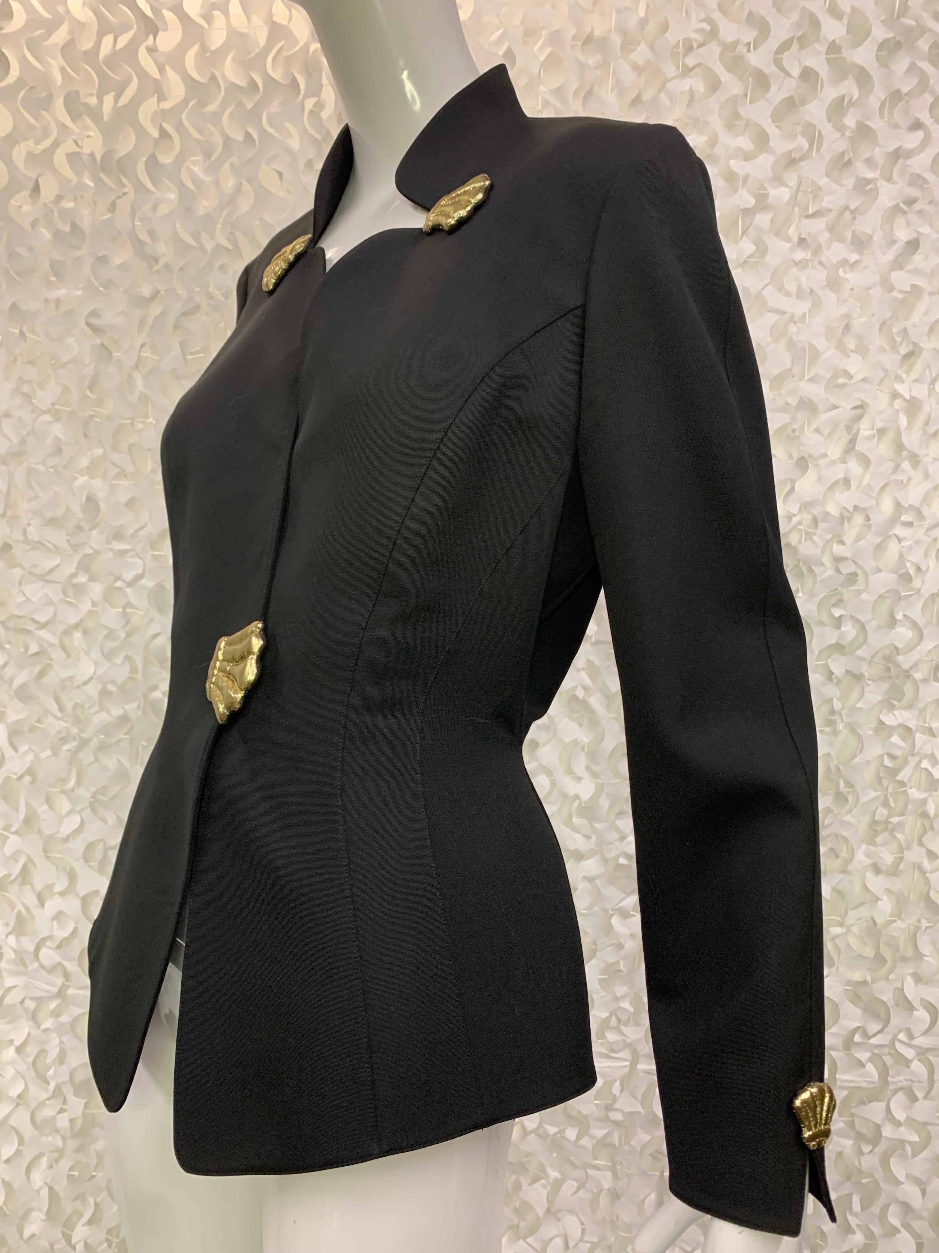 1990s Thierry Mugler Black Wool Crepe Jacket w Gold Lame Fabric Shell Details  1
