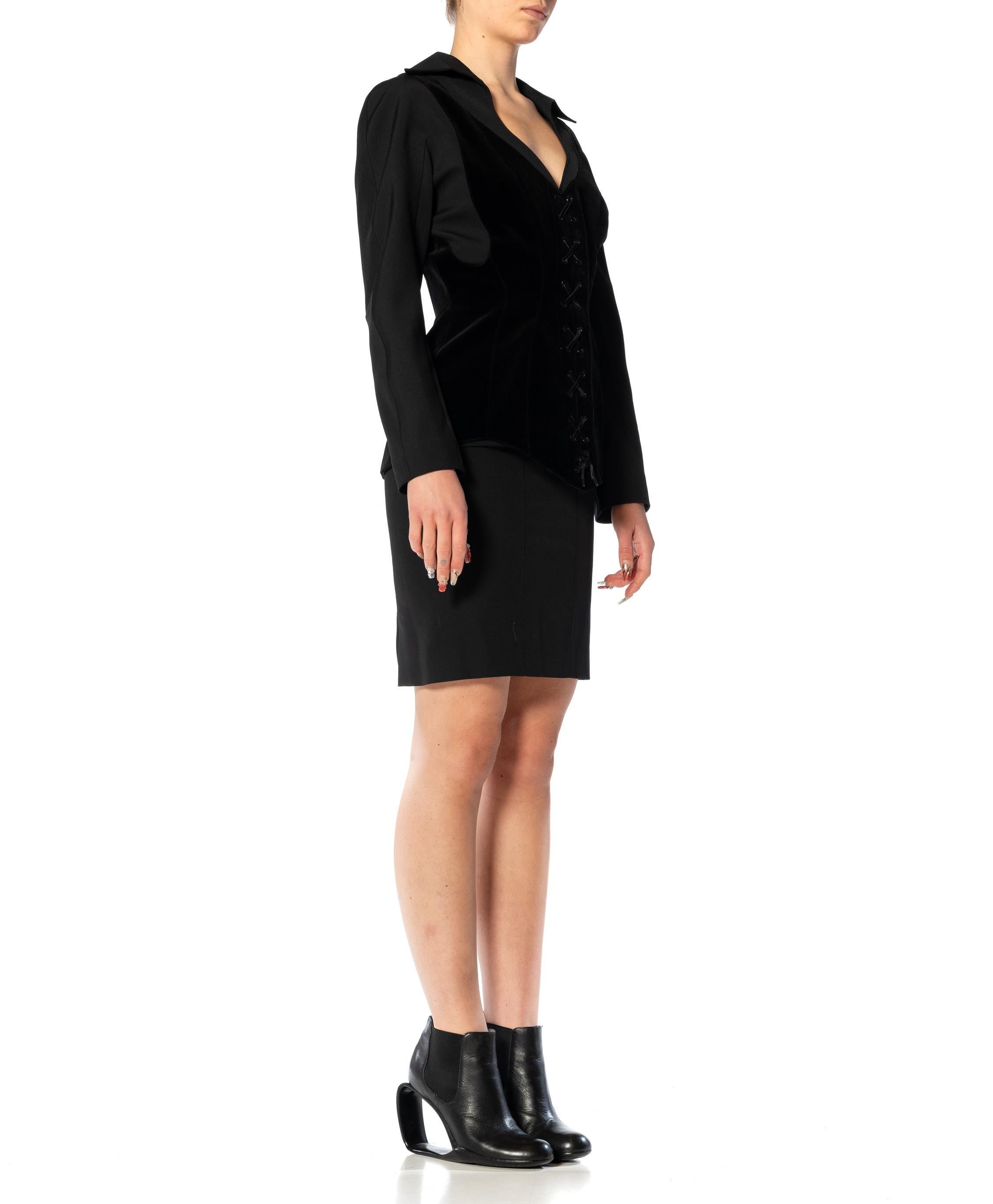 1990S THIERRY MUGLER Black Wool & Velvet Skirt Suit With Faux Laced Corset Deta In Excellent Condition For Sale In New York, NY