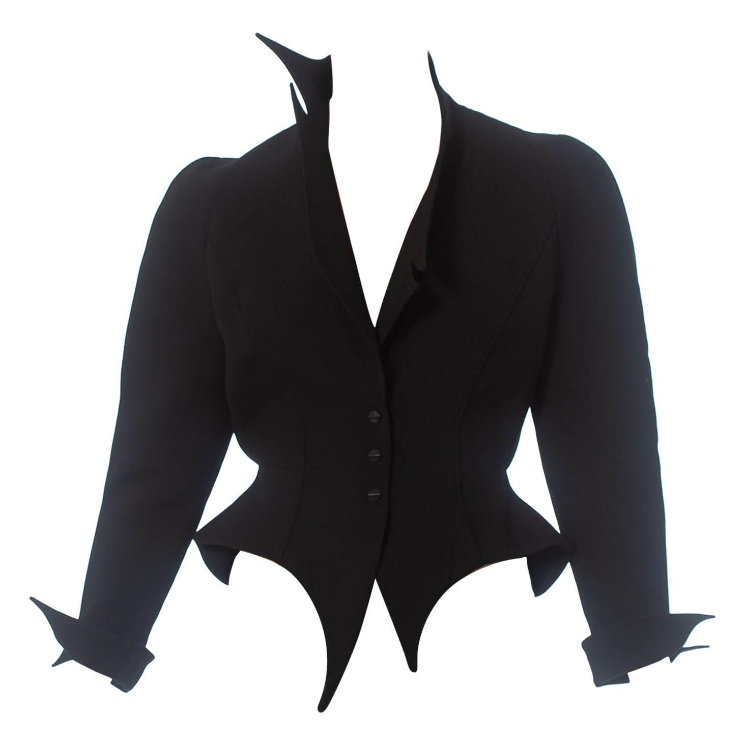 1990S THIERRY MUGLER Black Wool Witchy Wasp Waist Jacket With Asymmetrical Lape