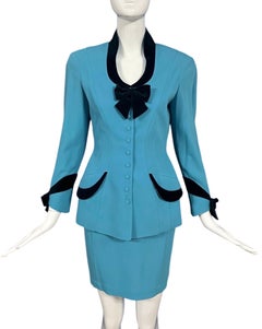 1990's Thierry Mugler Blue Velvet Trim Bow Skirt Suit