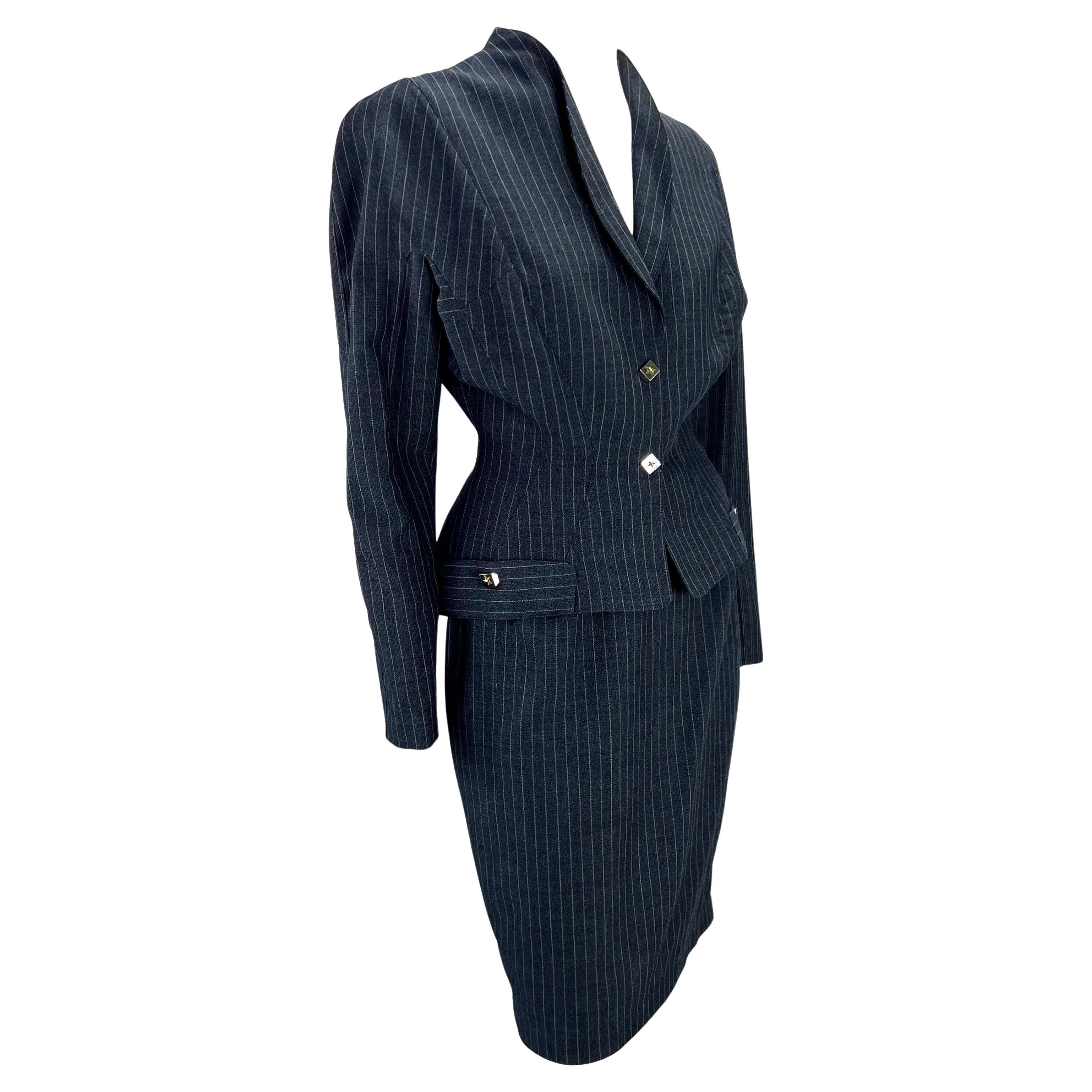 Black 1990s Thierry Mugler Blue Worsted Wool Pinstripe Star Snap Skirt Suit For Sale