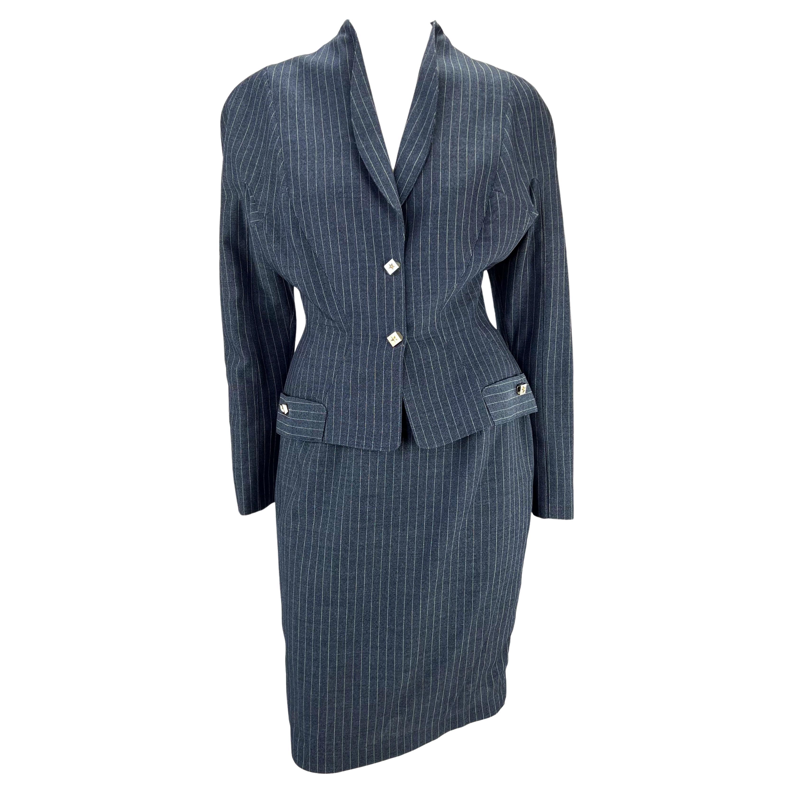 1990s Thierry Mugler Blue Worsted Wool Pinstripe Star Snap Skirt Suit For Sale