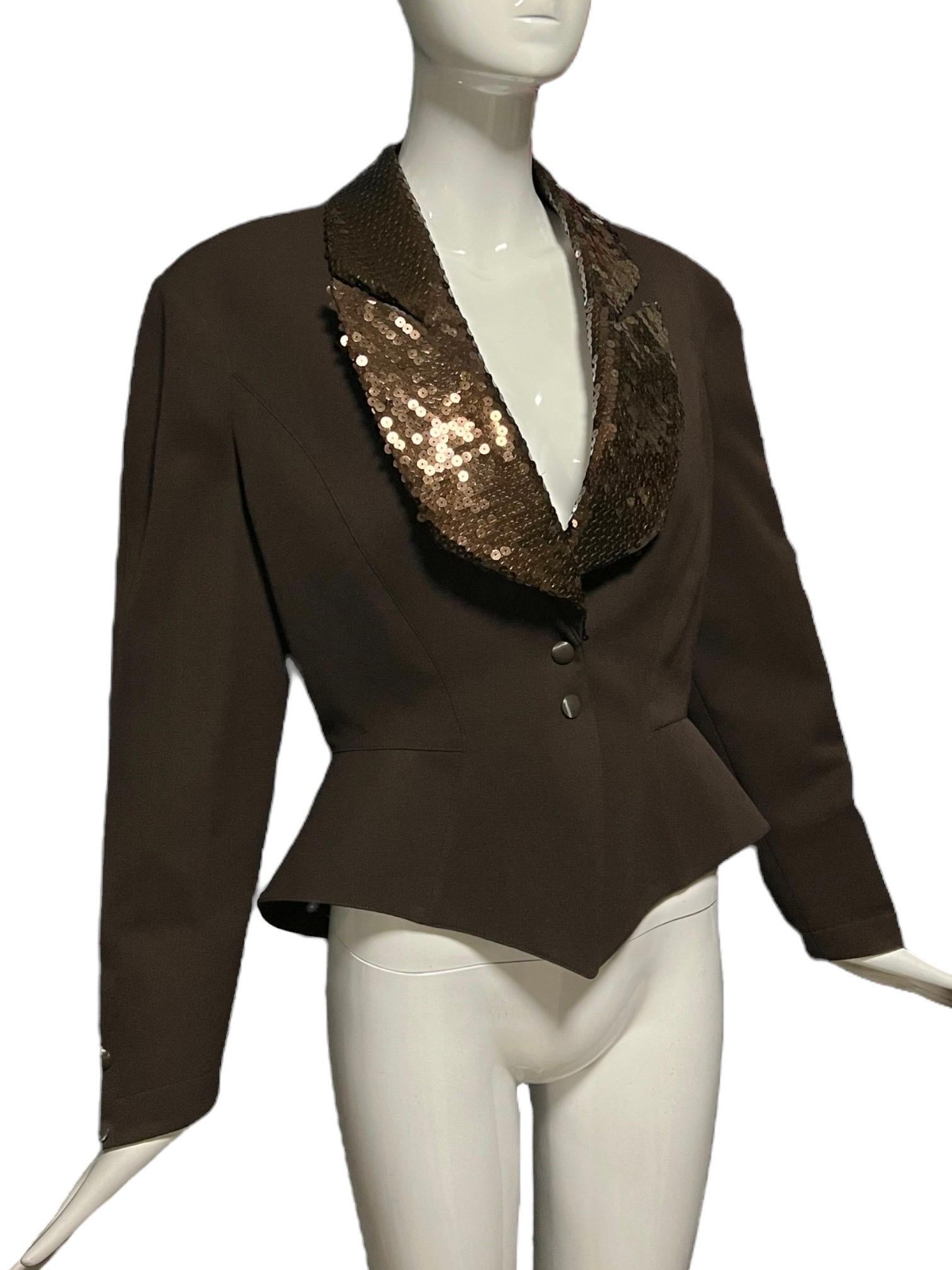 Black 1990’s Thierry Mugler Brown Sequin Wool Jacket For Sale