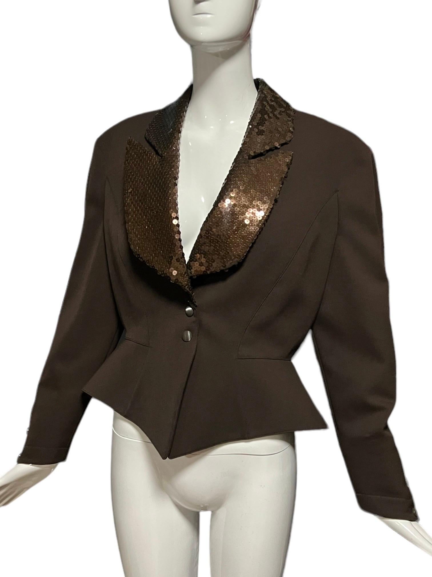 1990’s Thierry Mugler Brown Sequin Wool Jacket In Good Condition For Sale In Concord, NC