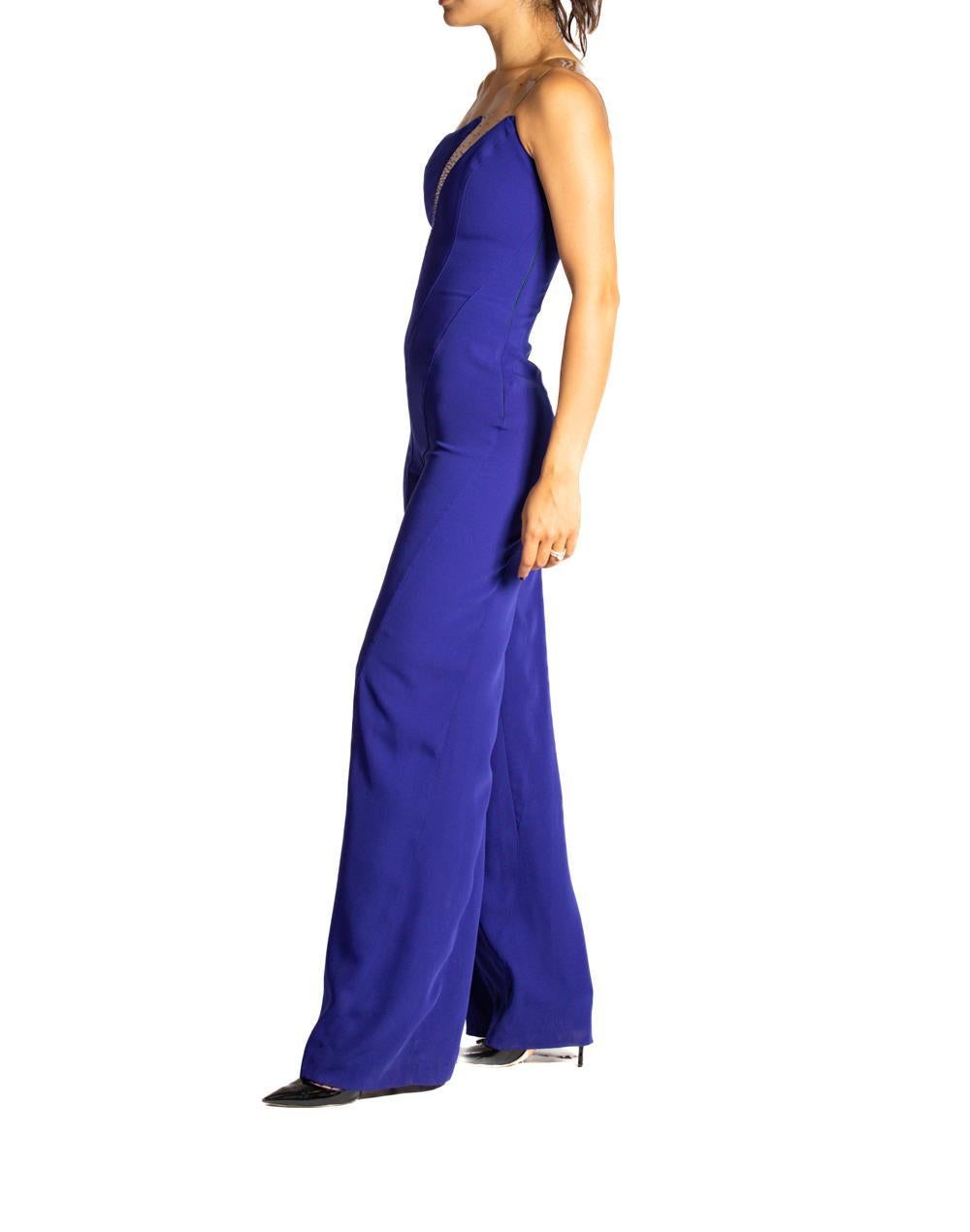 1990S THIERRY MUGLER Cobalt Blue Rayon Blend Jumpsuit With Beaded Clear Vinyl Strap