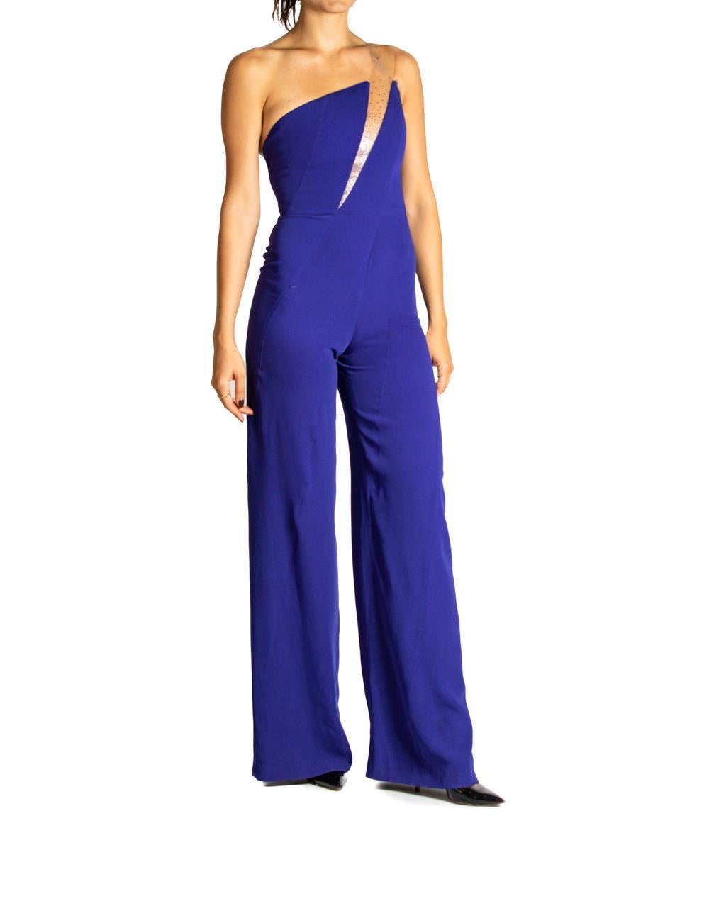 1990S THIERRY MUGLER Cobalt Blue Rayon Blend Jumpsuit With Beaded Clear Vinyl S In Excellent Condition For Sale In New York, NY